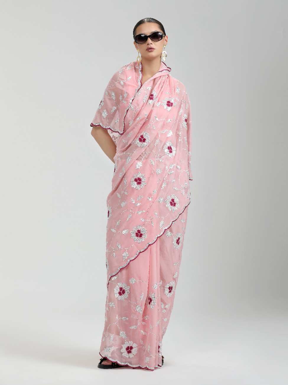 ORGANZA LIGHT PINK SAREE WITH JAAL & FLOWER EMBROIDERY