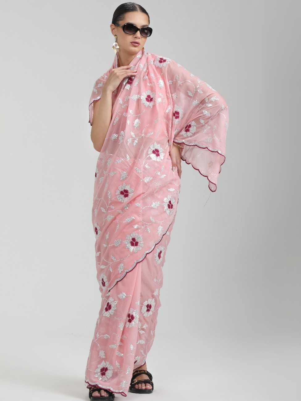 ORGANZA LIGHT PINK SAREE WITH JAAL & FLOWER EMBROIDERY