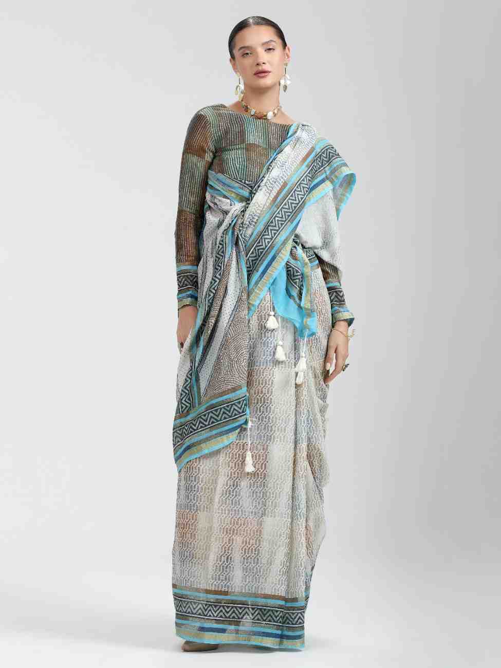GRAY & SKY BLUE SHADE VISCOSE MUL BLOCK PRINTED SAREE