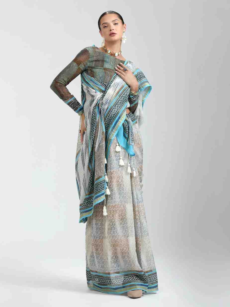 GRAY & SKY BLUE SHADE VISCOSE MUL BLOCK PRINTED SAREE