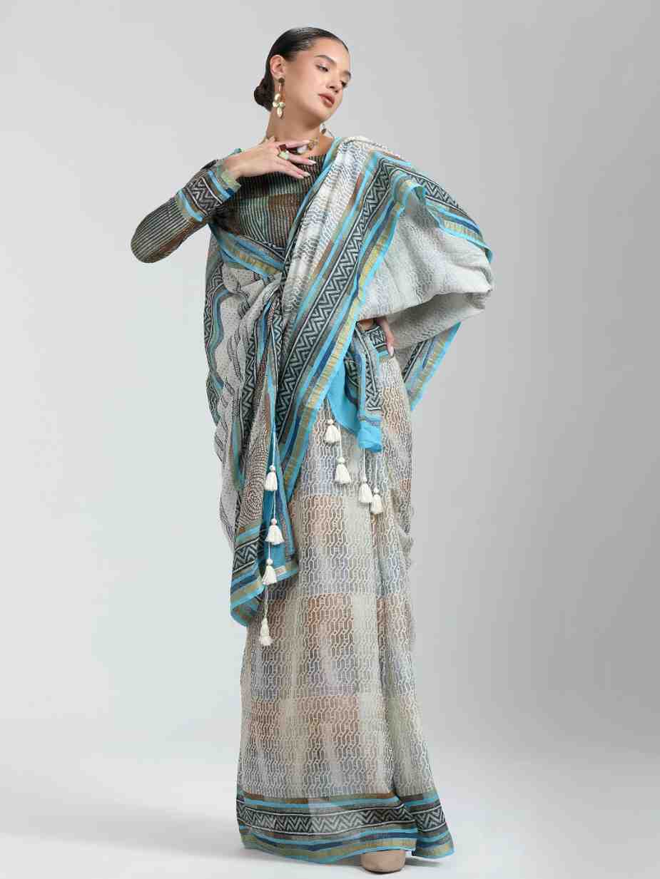 GRAY & SKY BLUE SHADE VISCOSE MUL BLOCK PRINTED SAREE