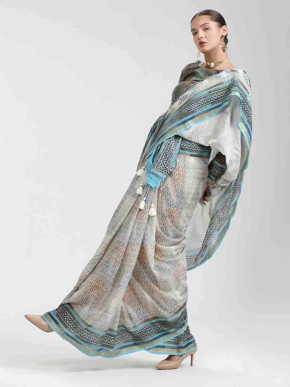 GRAY & SKY BLUE SHADE VISCOSE MUL BLOCK PRINTED SAREE