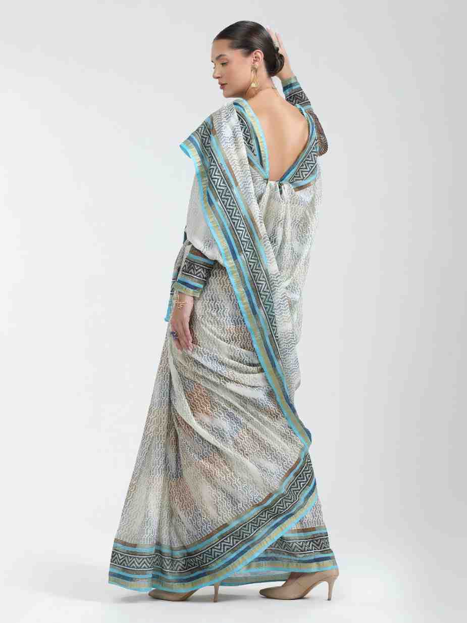 GRAY & SKY BLUE SHADE VISCOSE MUL BLOCK PRINTED SAREE