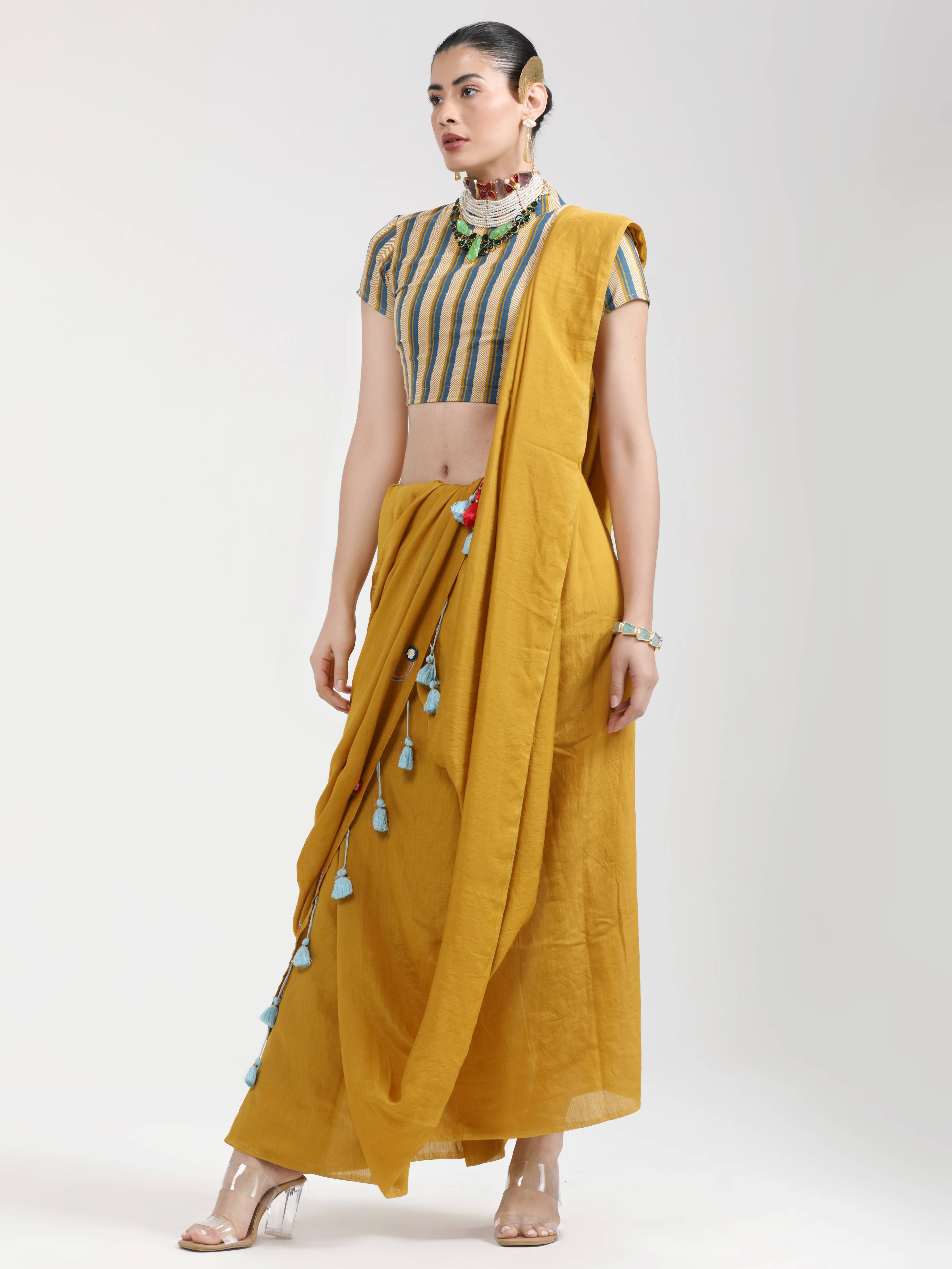 GOLDEN YELLOW VISCOSE MUL THREAD WORK SAREES