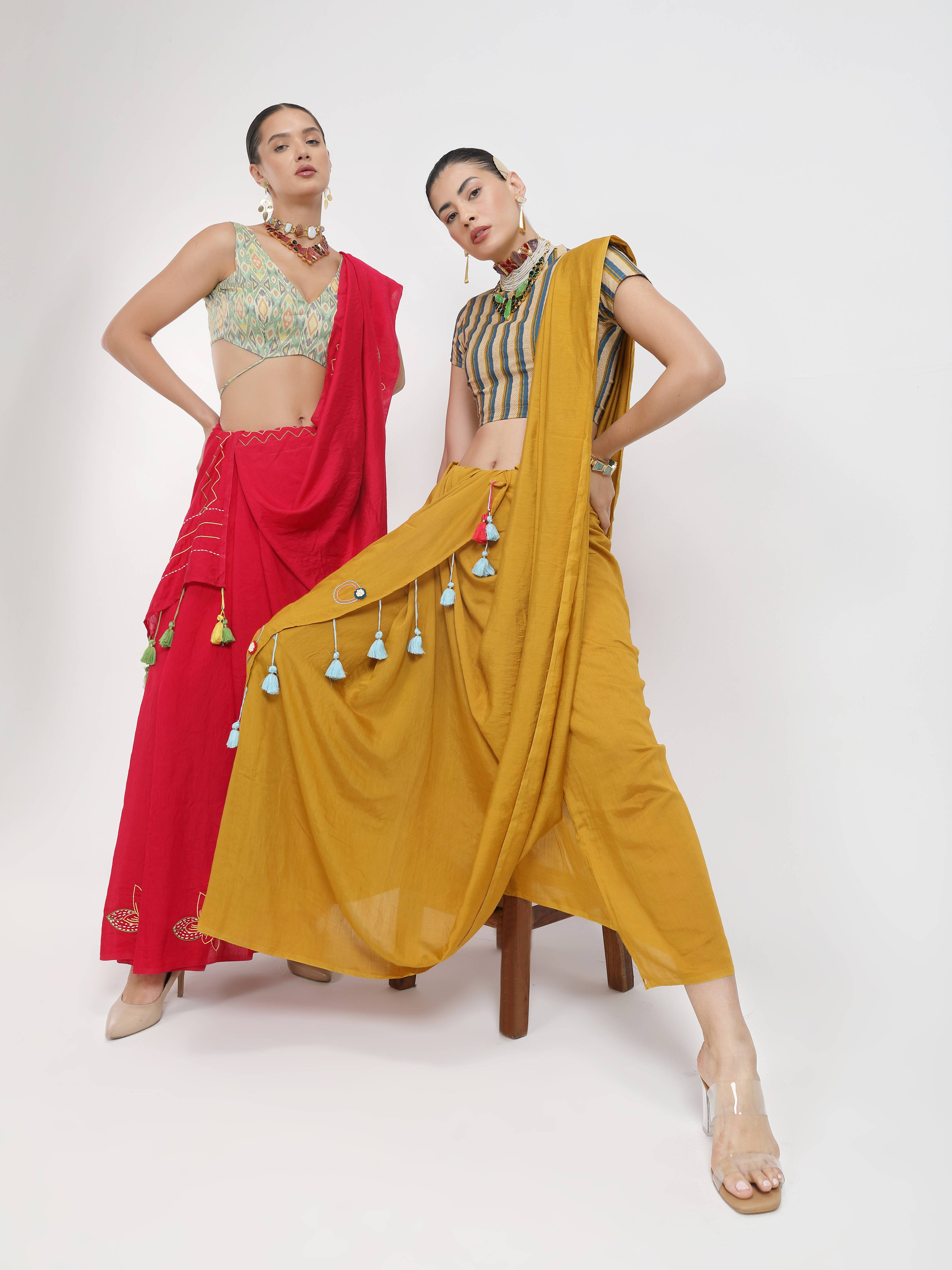 GOLDEN YELLOW VISCOSE MUL THREAD WORK SAREES
