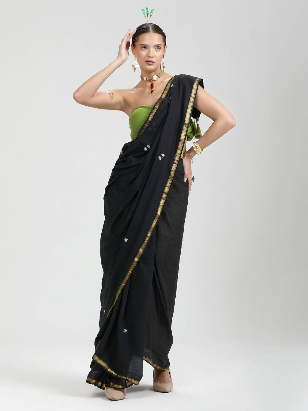 BLACK VISCOSE MUL THREAD WORK LIVA SAREES