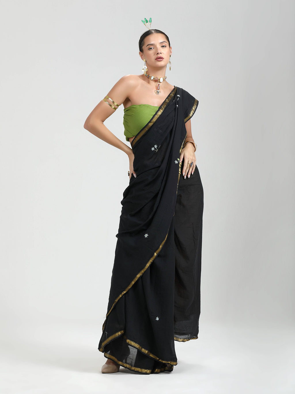 BLACK VISCOSE MUL THREAD WORK LIVA SAREES