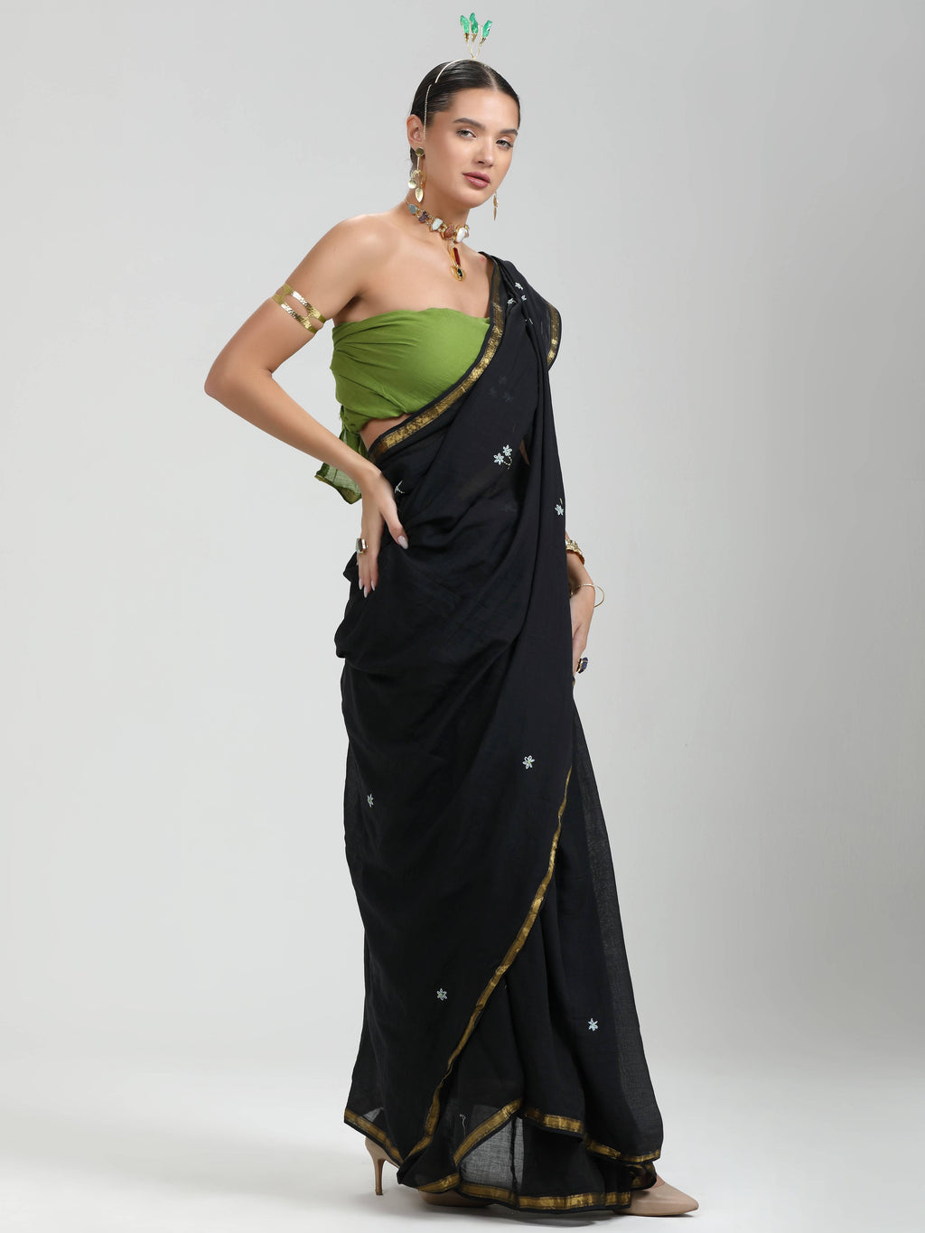 BLACK VISCOSE MUL THREAD WORK LIVA SAREES