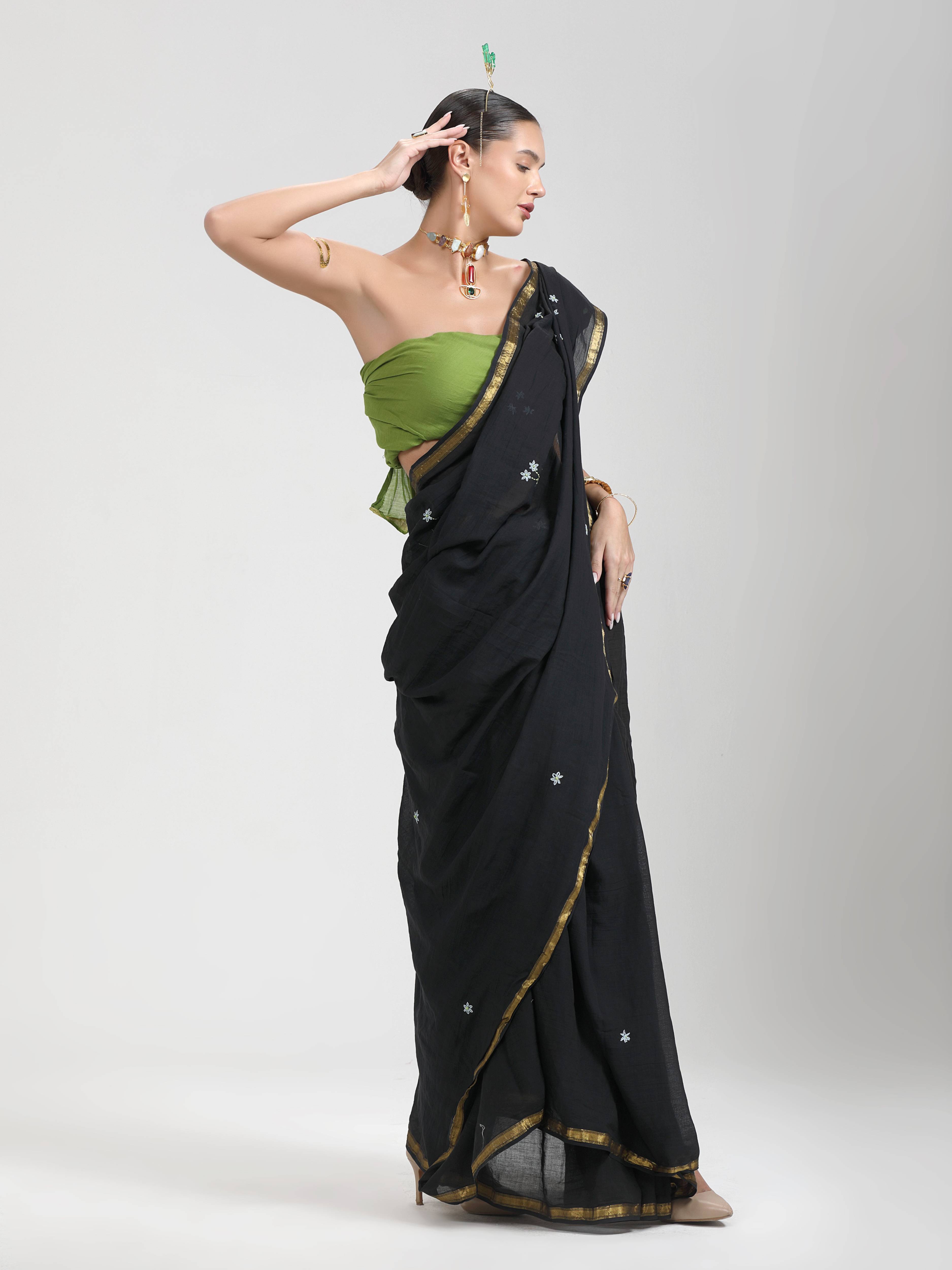 BLACK VISCOSE MUL THREAD WORK LIVA SAREES