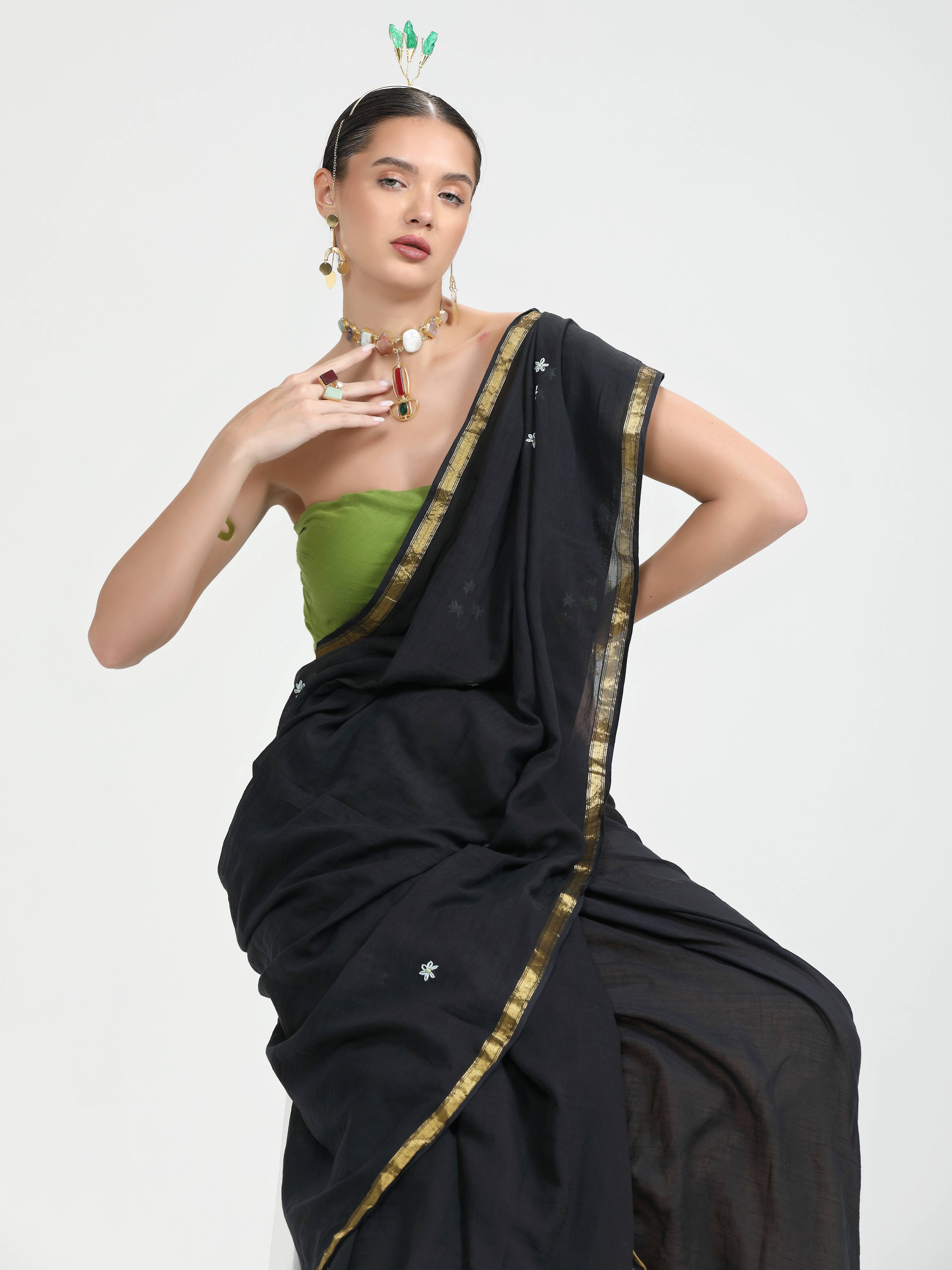BLACK VISCOSE MUL THREAD WORK LIVA SAREES