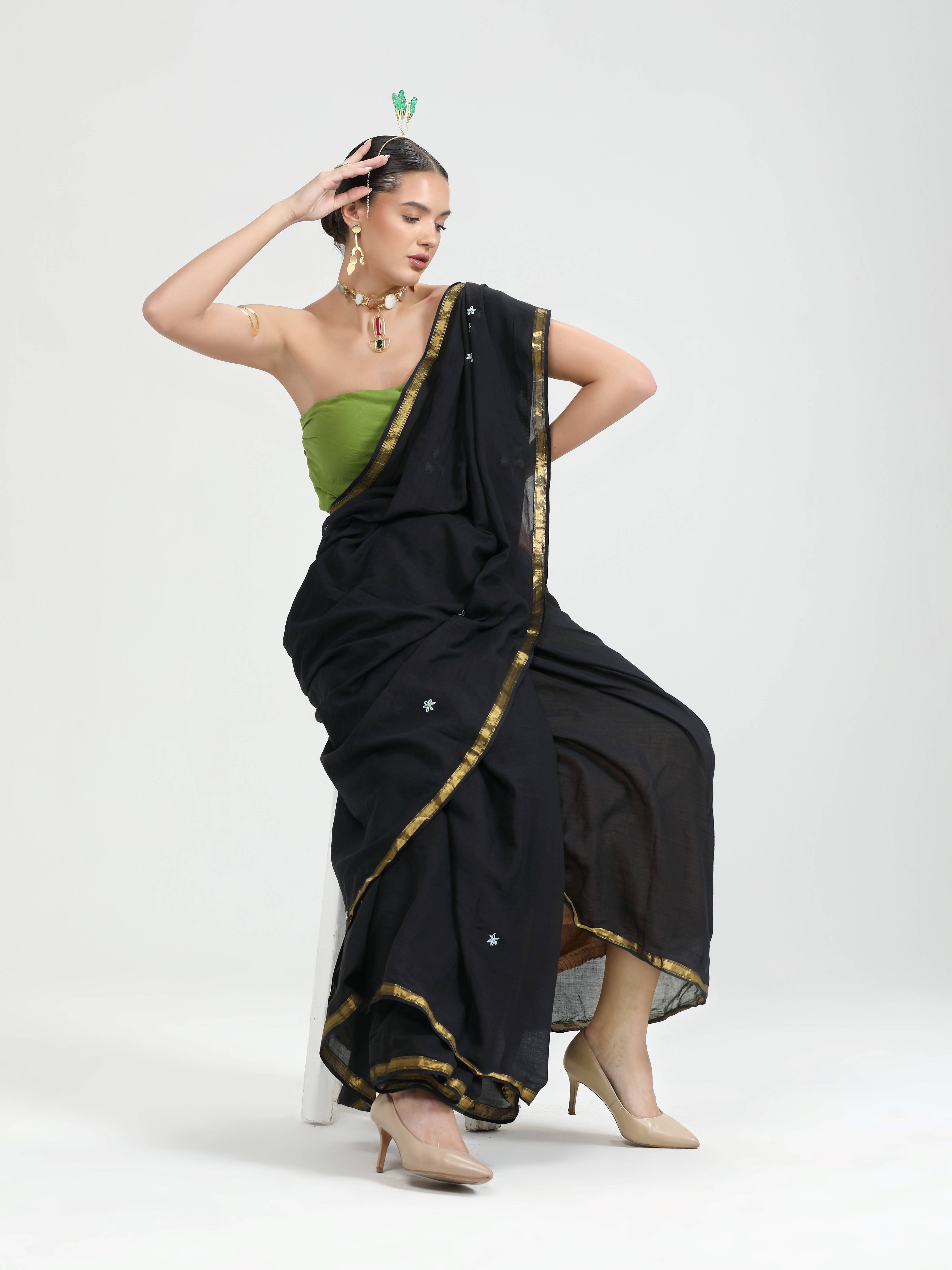 BLACK VISCOSE MUL THREAD WORK LIVA SAREES