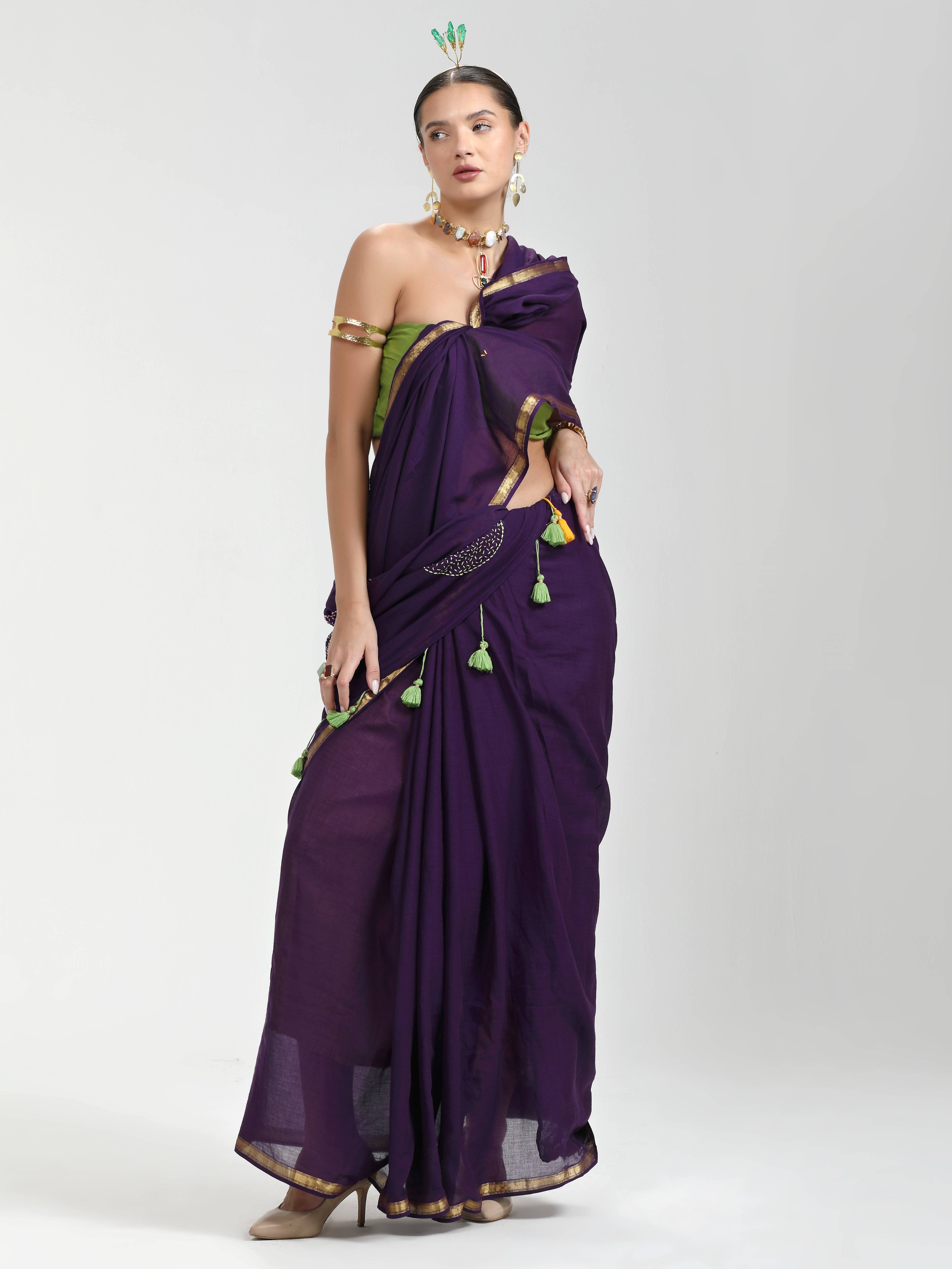 DARK PURPLE VISCOSE MUL LIVA THREAD WORK SAREES