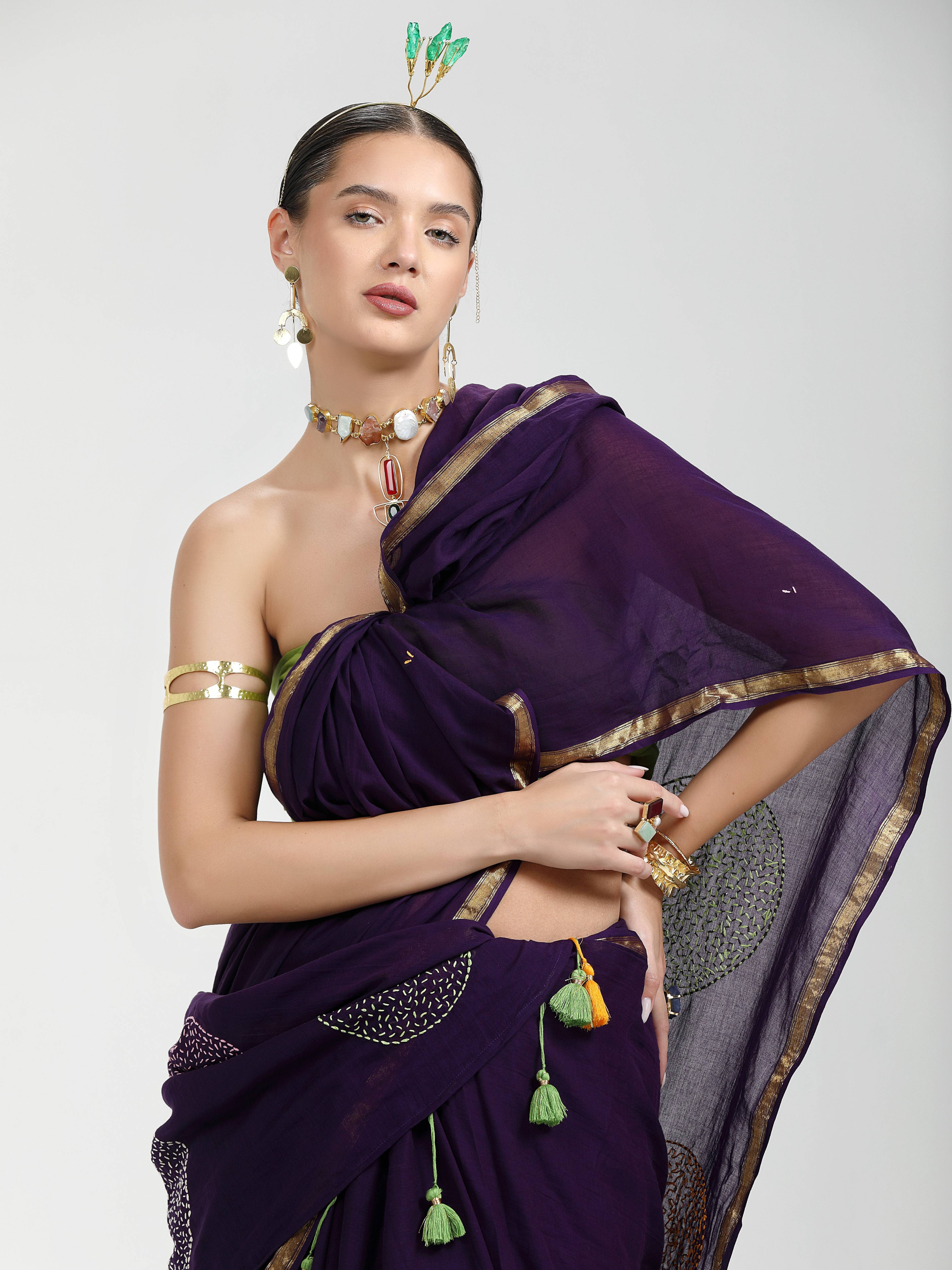 DARK PURPLE VISCOSE MUL LIVA THREAD WORK SAREES