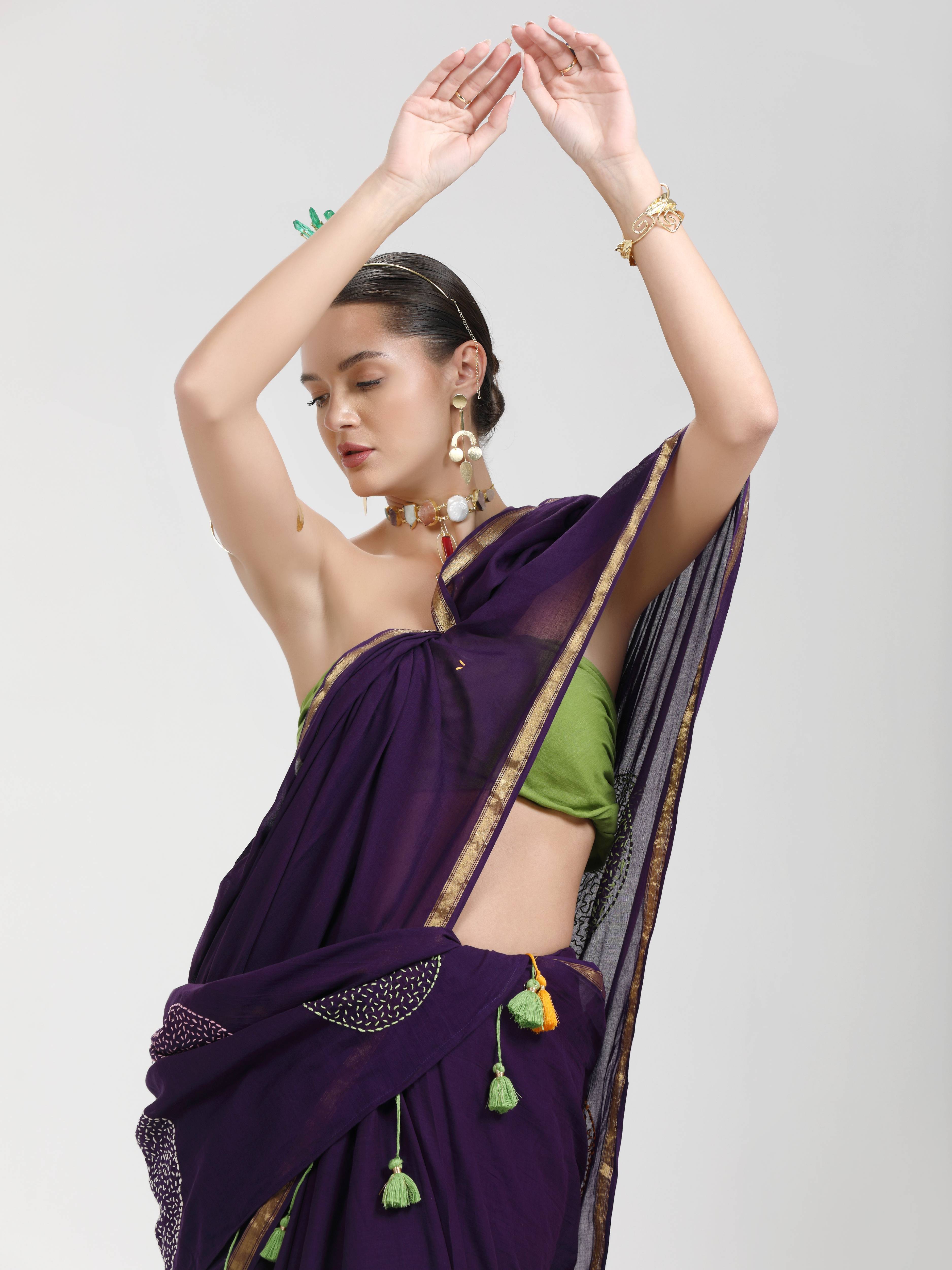 DARK PURPLE VISCOSE MUL LIVA THREAD WORK SAREES