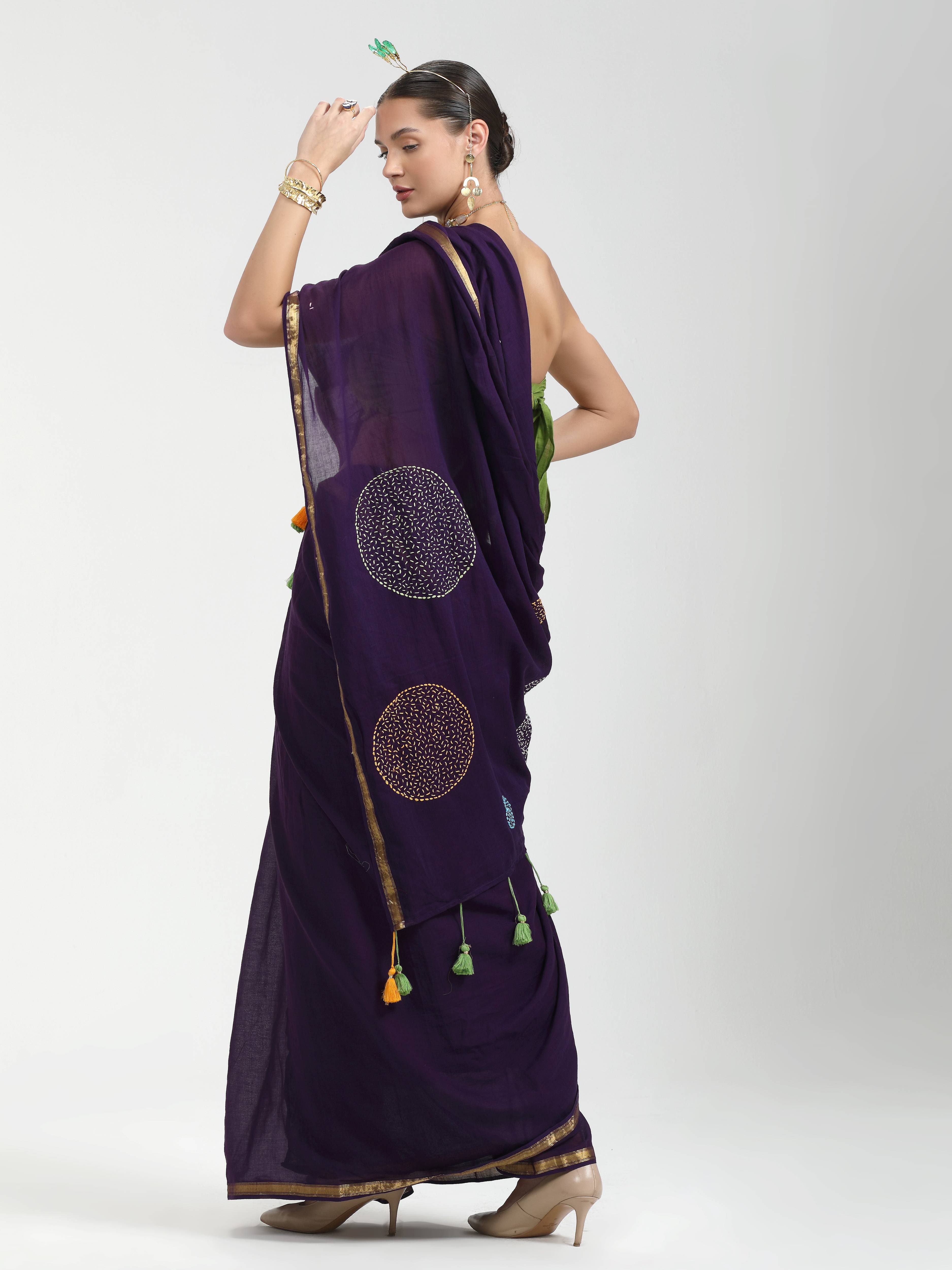 DARK PURPLE VISCOSE MUL LIVA THREAD WORK SAREES