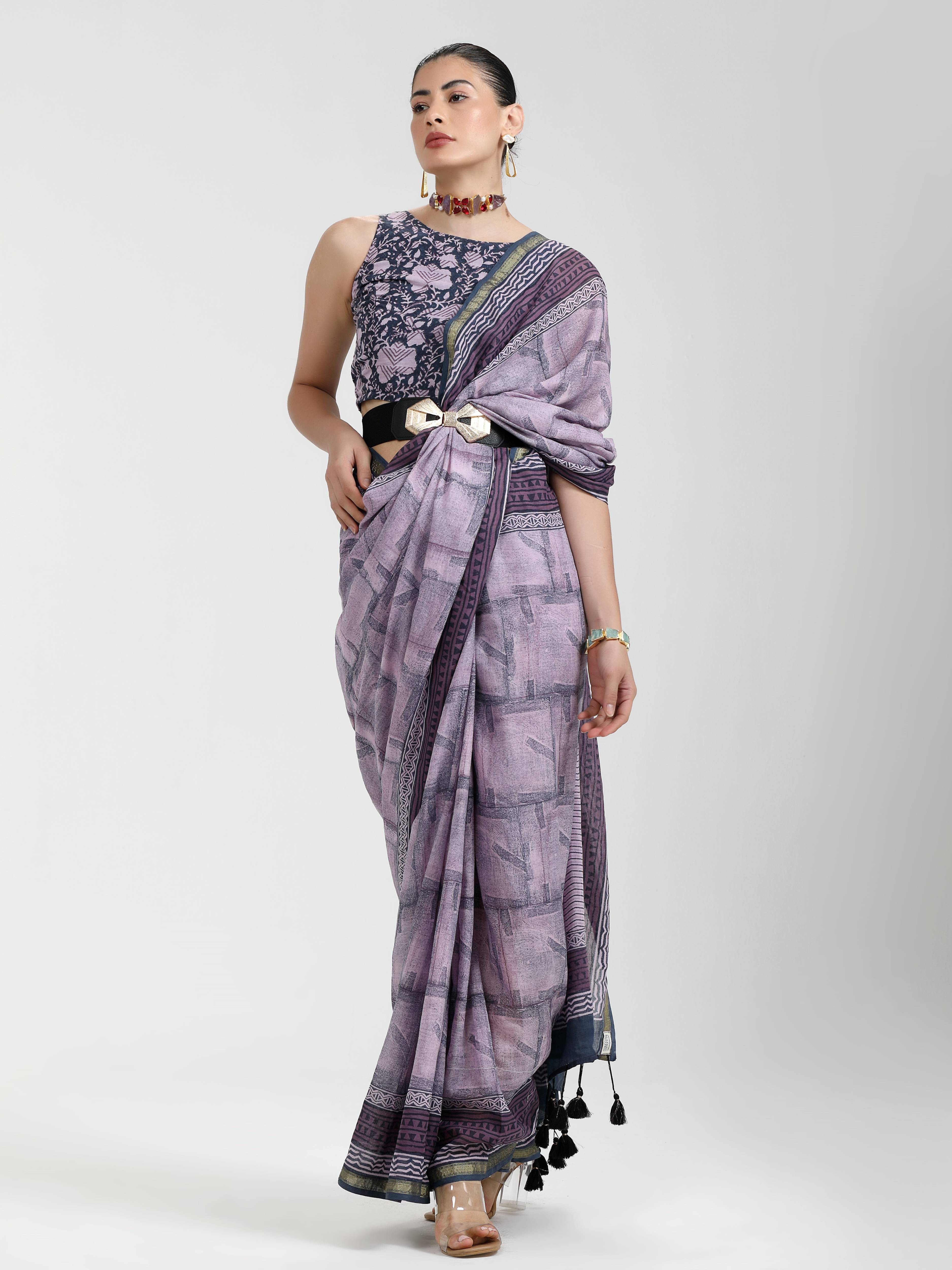 GRAY & LILAC VISCOSE MUL LIVA BLOCK PRINTED SAREE