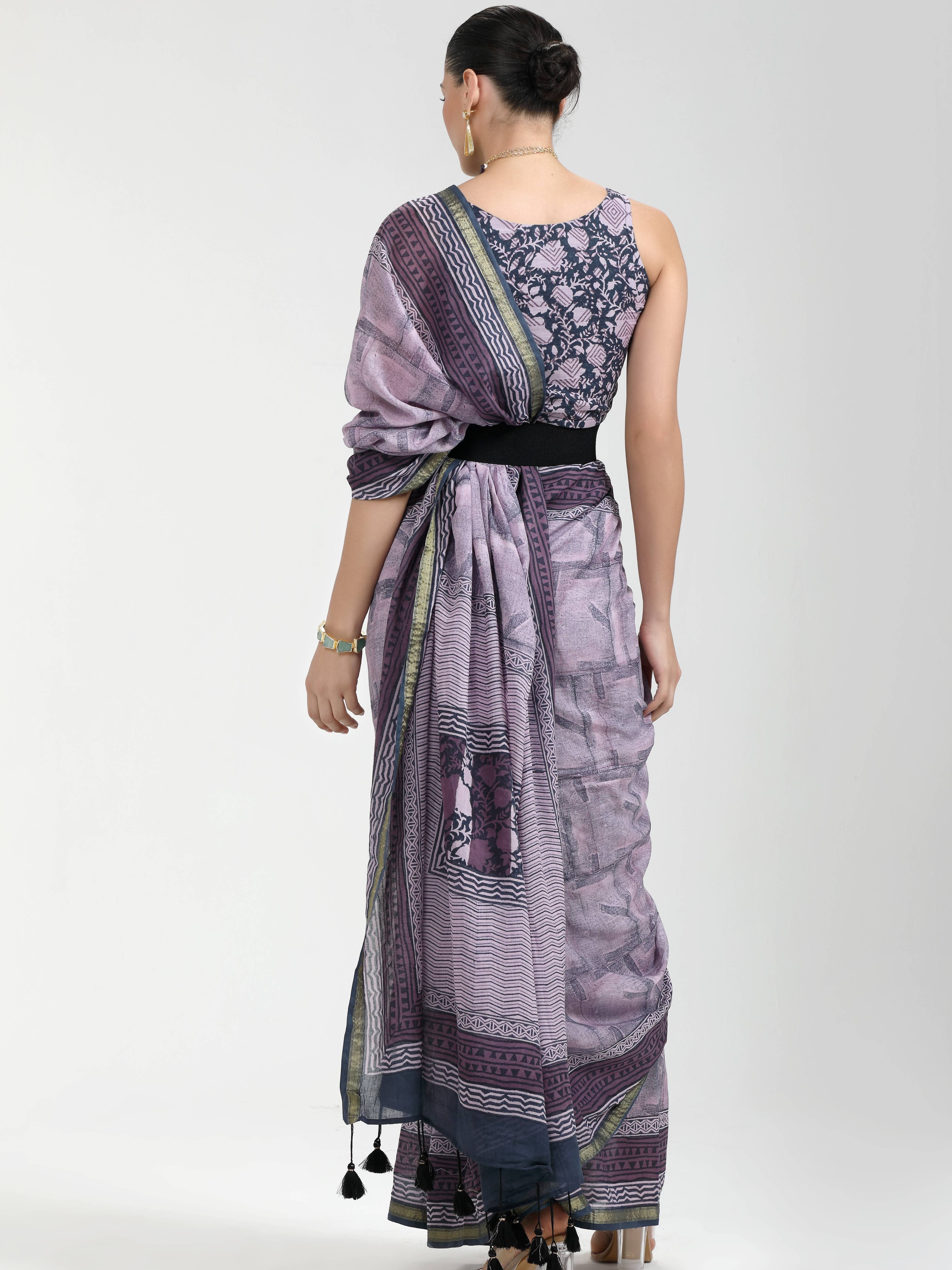 GRAY & LILAC VISCOSE MUL LIVA BLOCK PRINTED SAREE