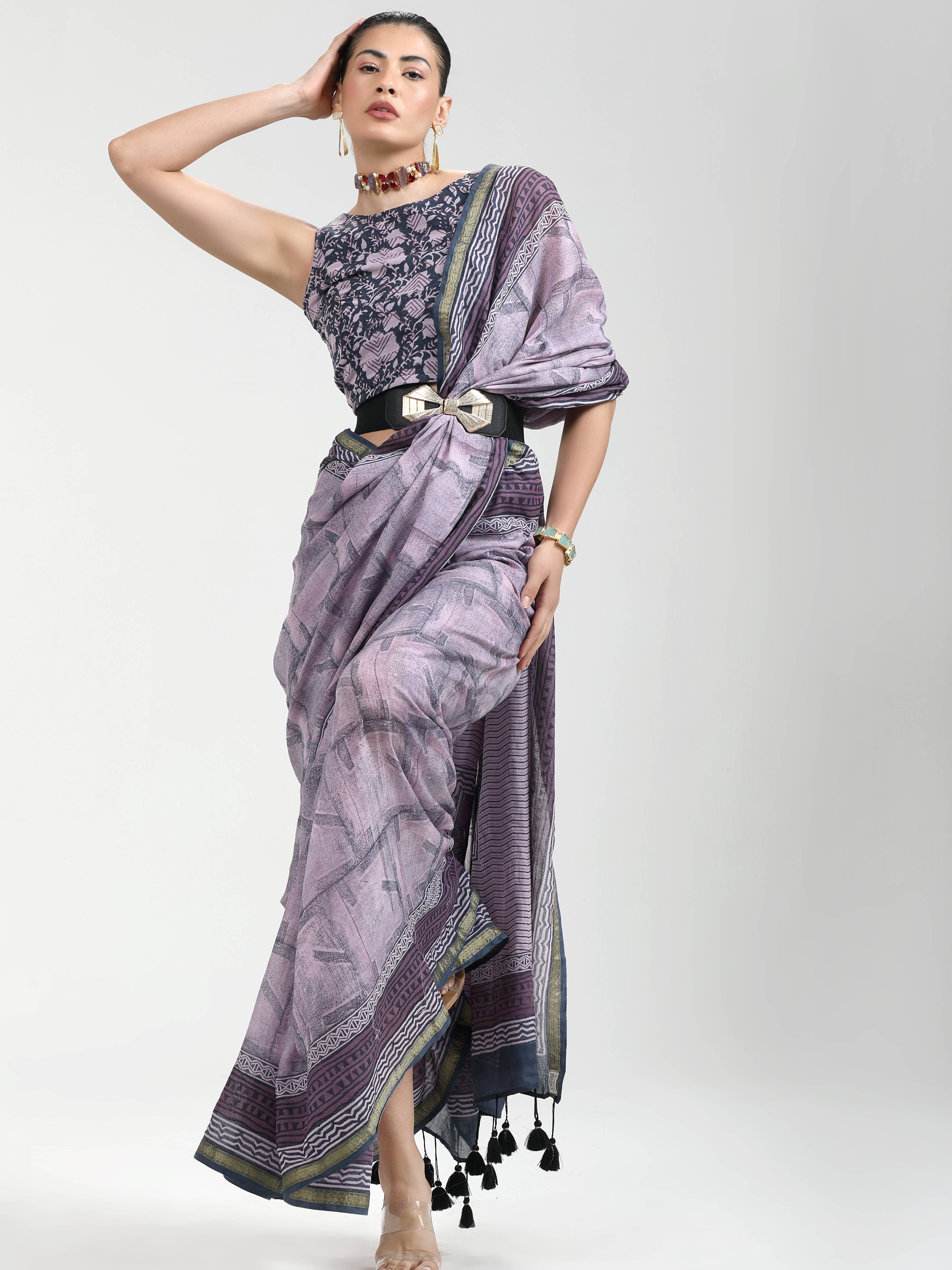 GRAY & LILAC VISCOSE MUL LIVA BLOCK PRINTED SAREE