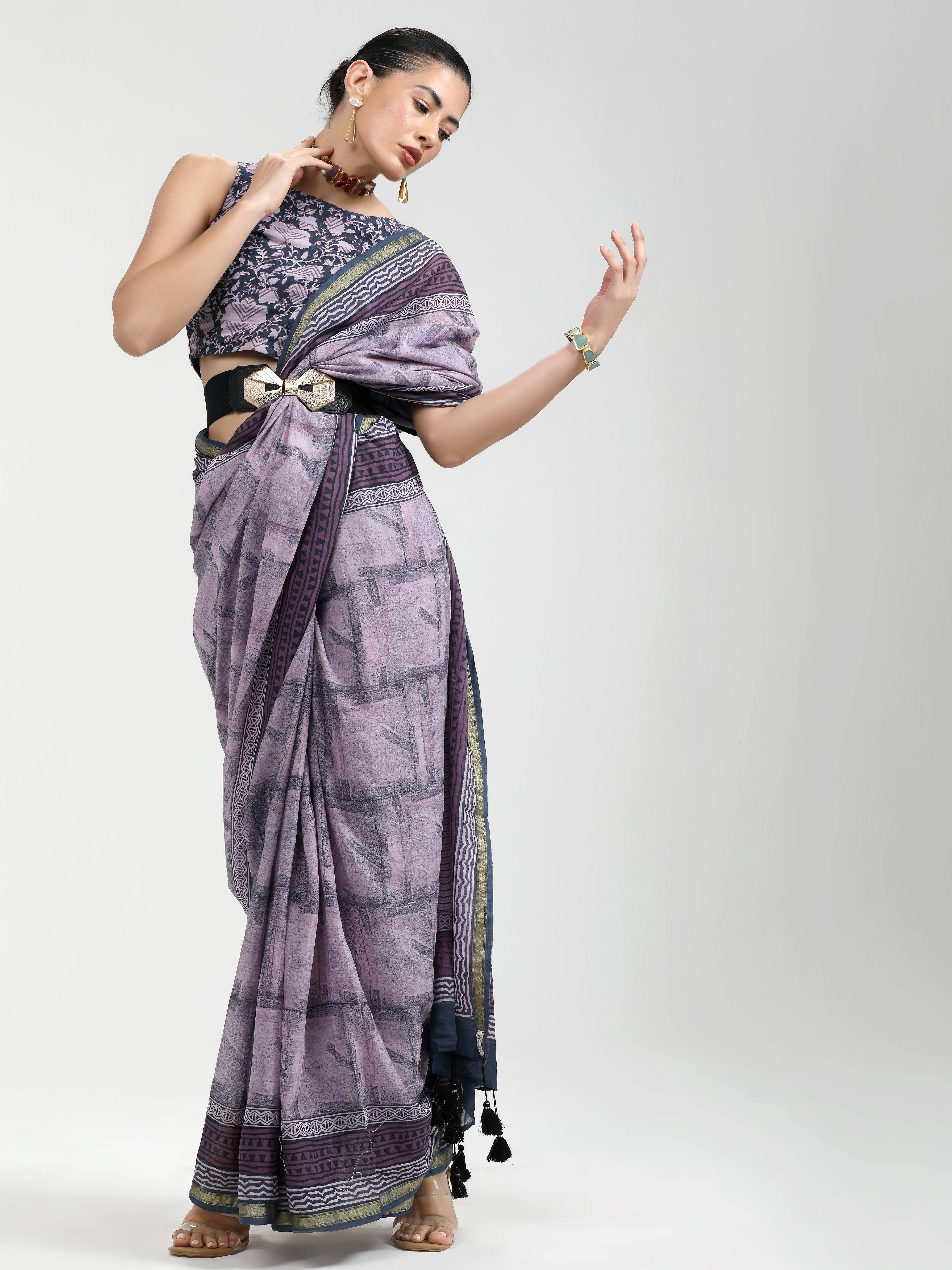 GRAY & LILAC VISCOSE MUL LIVA BLOCK PRINTED SAREE