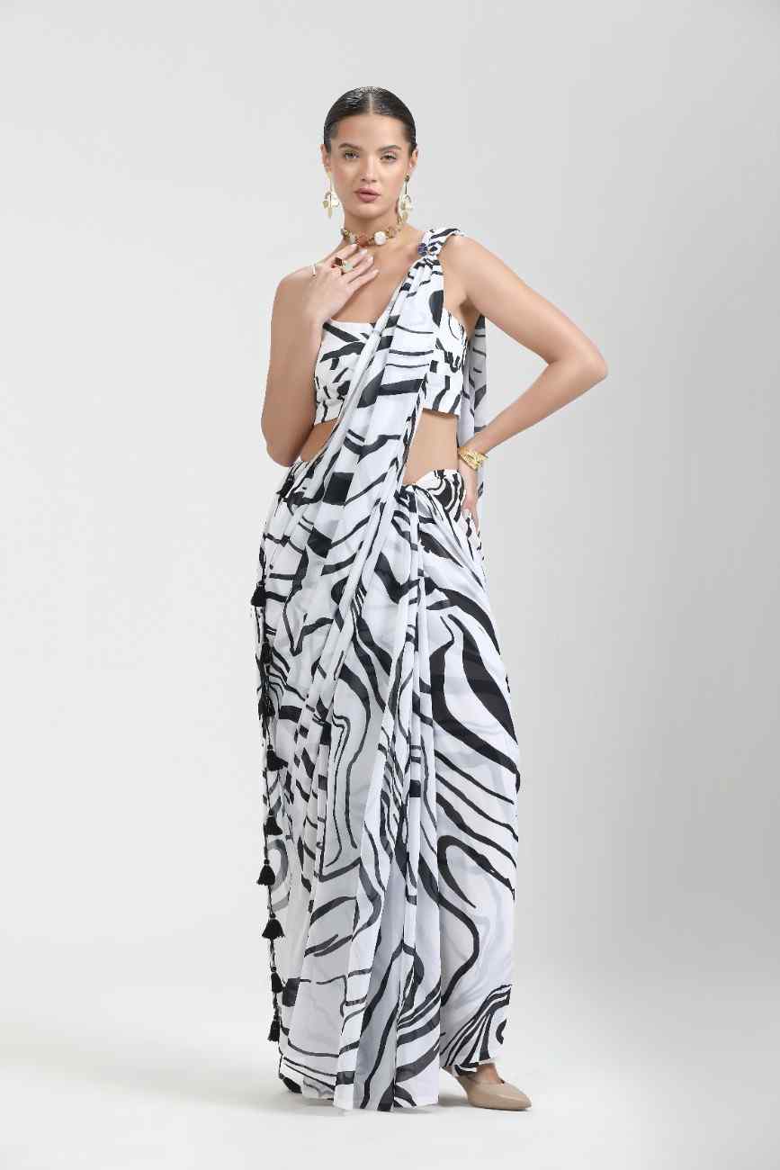 BLACK & WHITE MONOCHROME GEORGETTE DIGITAL PRINTED SAREE