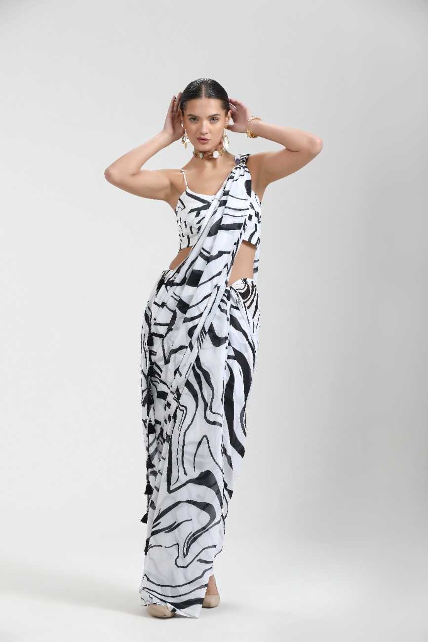 BLACK & WHITE MONOCHROME GEORGETTE DIGITAL PRINTED SAREE