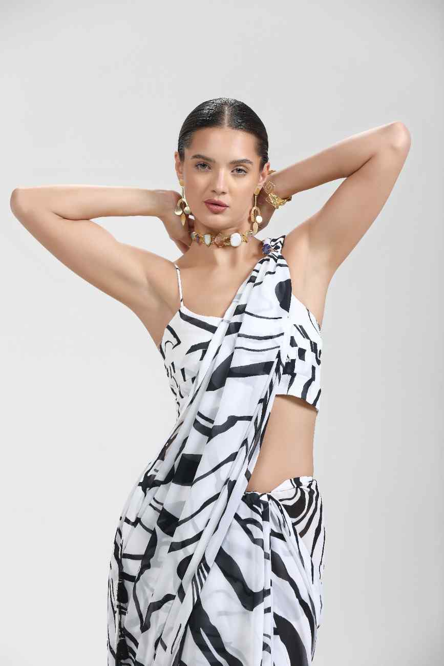 BLACK & WHITE MONOCHROME GEORGETTE DIGITAL PRINTED SAREE