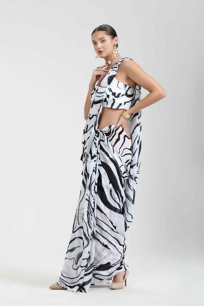 BLACK & WHITE MONOCHROME GEORGETTE DIGITAL PRINTED SAREE