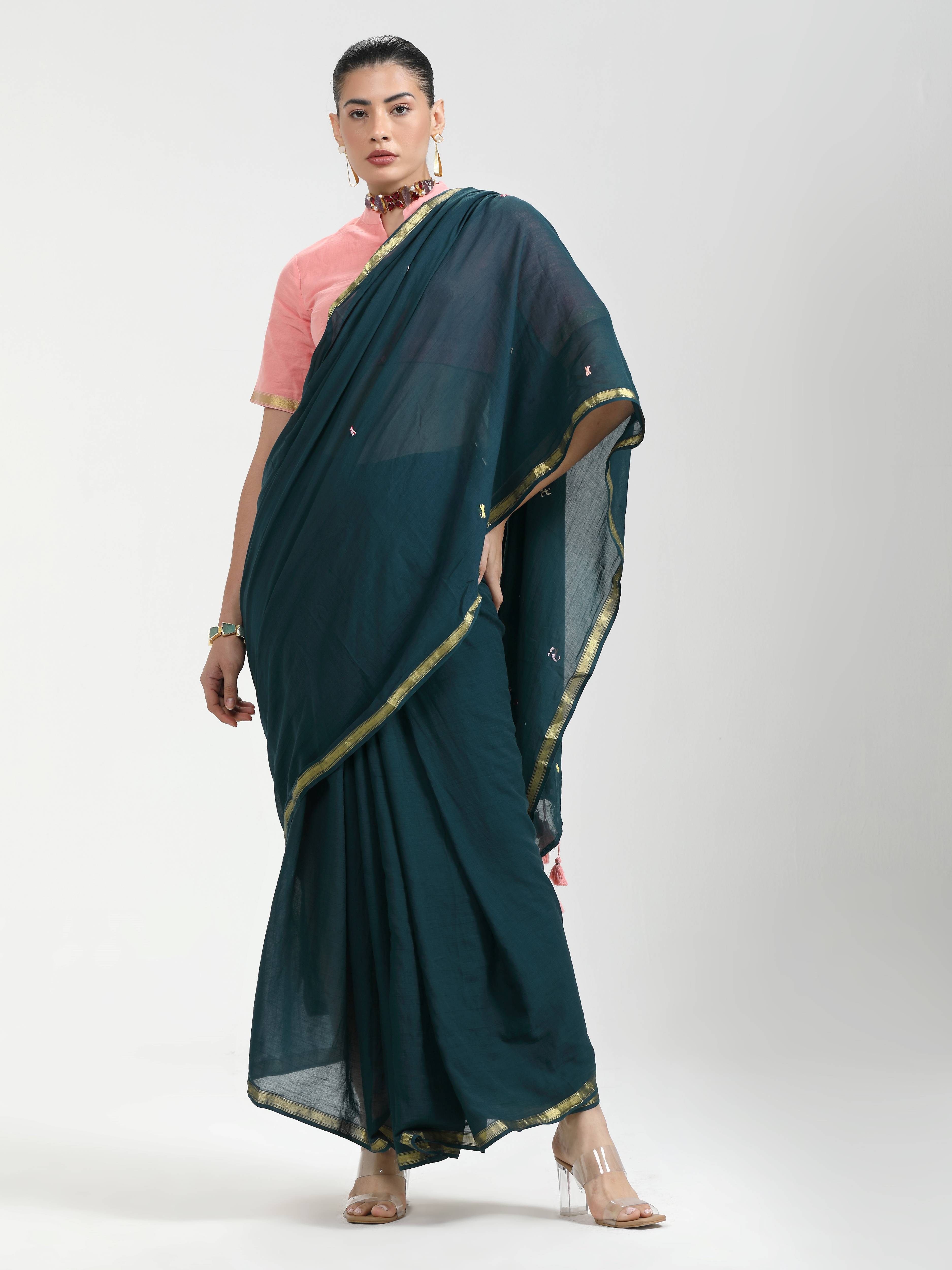 DARK GREEN VISCOSE MUL LIVA THREAD WORK SAREES
