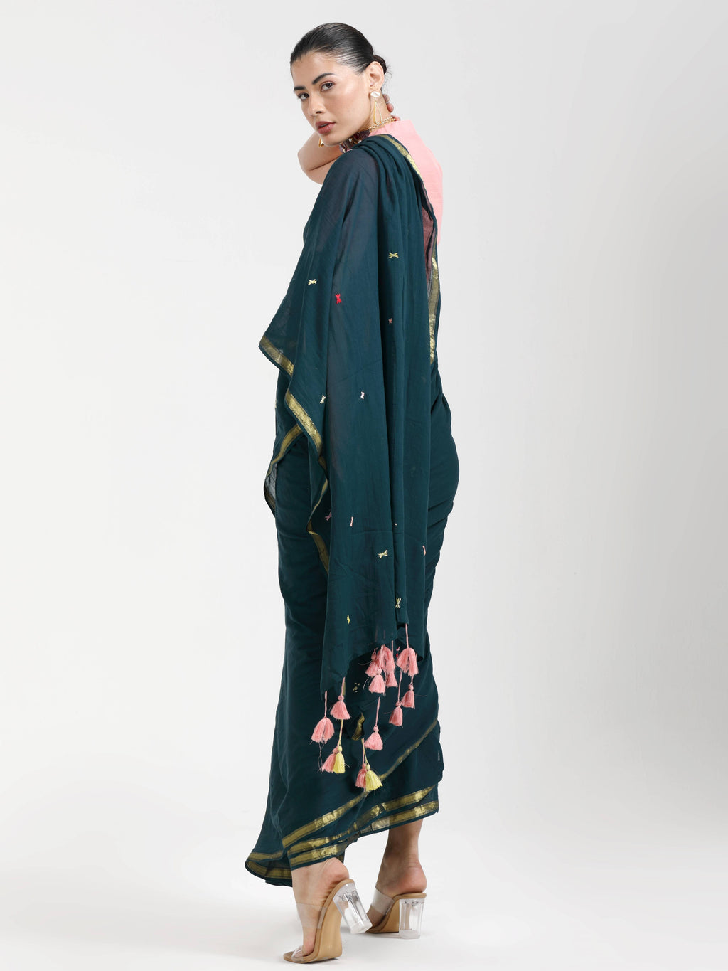 DARK GREEN VISCOSE MUL LIVA THREAD WORK SAREES