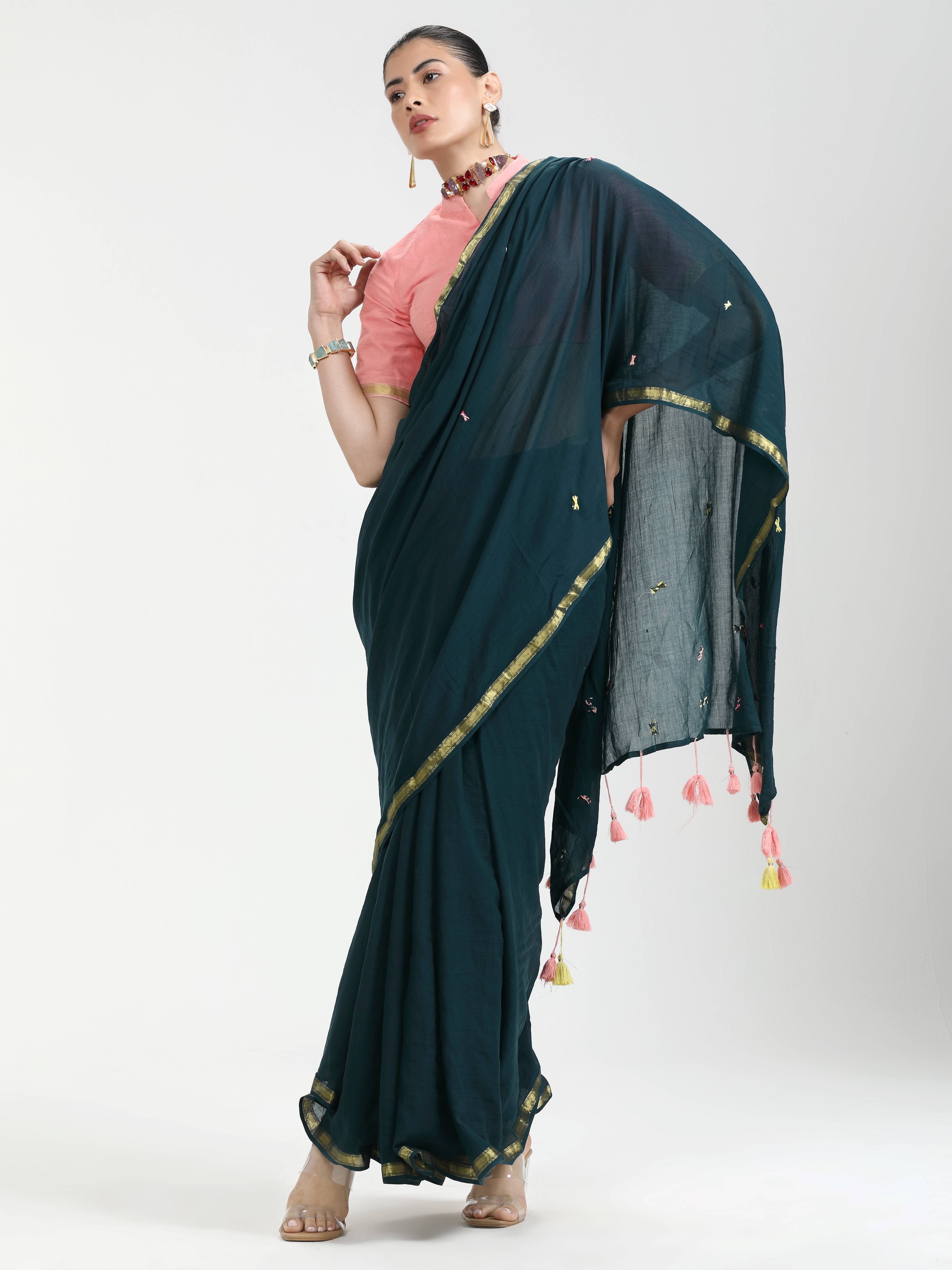 DARK GREEN VISCOSE MUL LIVA THREAD WORK SAREES
