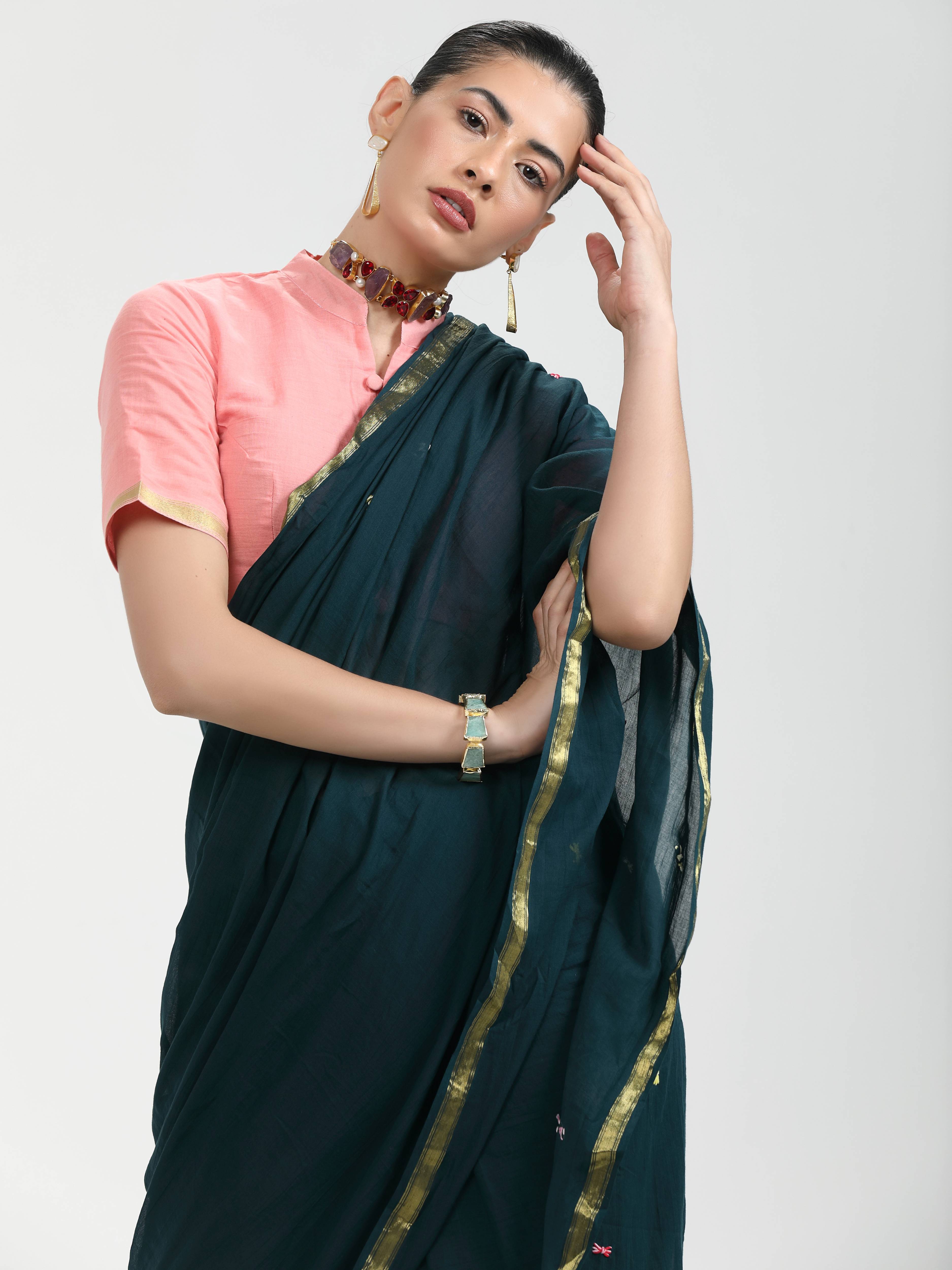 DARK GREEN VISCOSE MUL LIVA THREAD WORK SAREES