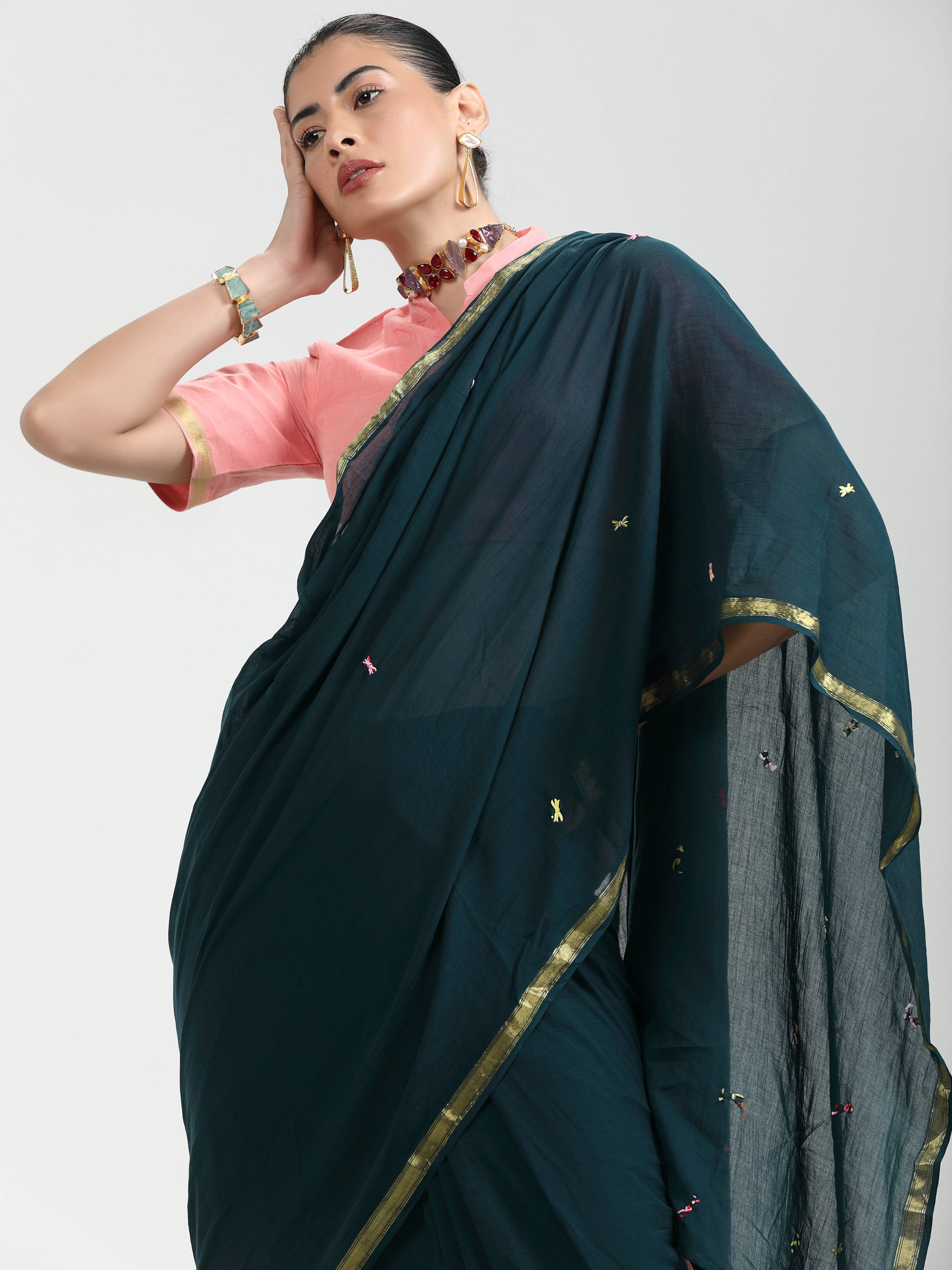 DARK GREEN VISCOSE MUL LIVA THREAD WORK SAREES