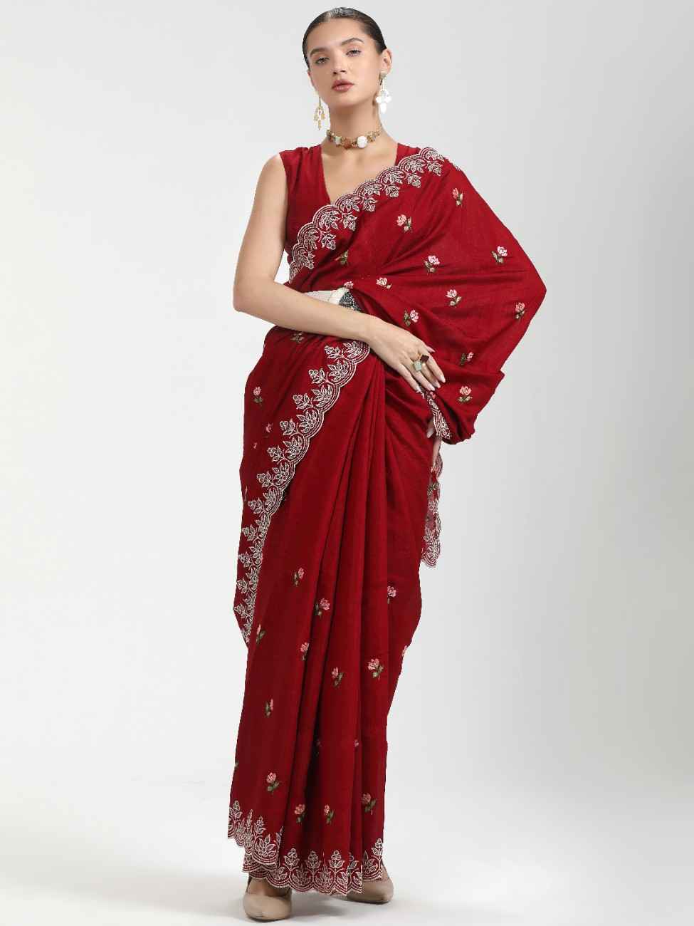 BLOOD RED TITANIUM ART SILK KANTHA EMBROIDERY SAREE