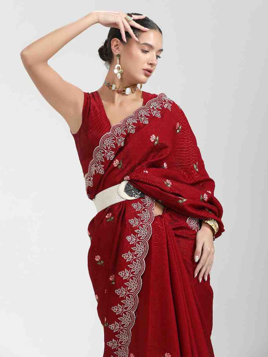 BLOOD RED TITANIUM ART SILK KANTHA EMBROIDERY SAREE
