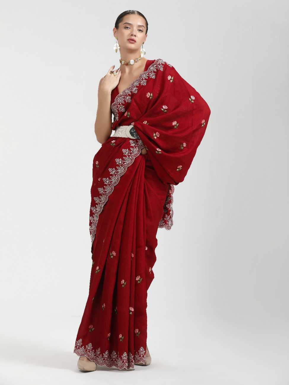 BLOOD RED TITANIUM ART SILK KANTHA EMBROIDERY SAREE