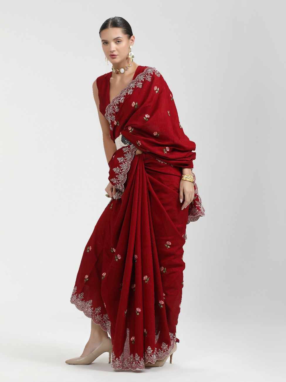 BLOOD RED TITANIUM ART SILK KANTHA EMBROIDERY SAREE