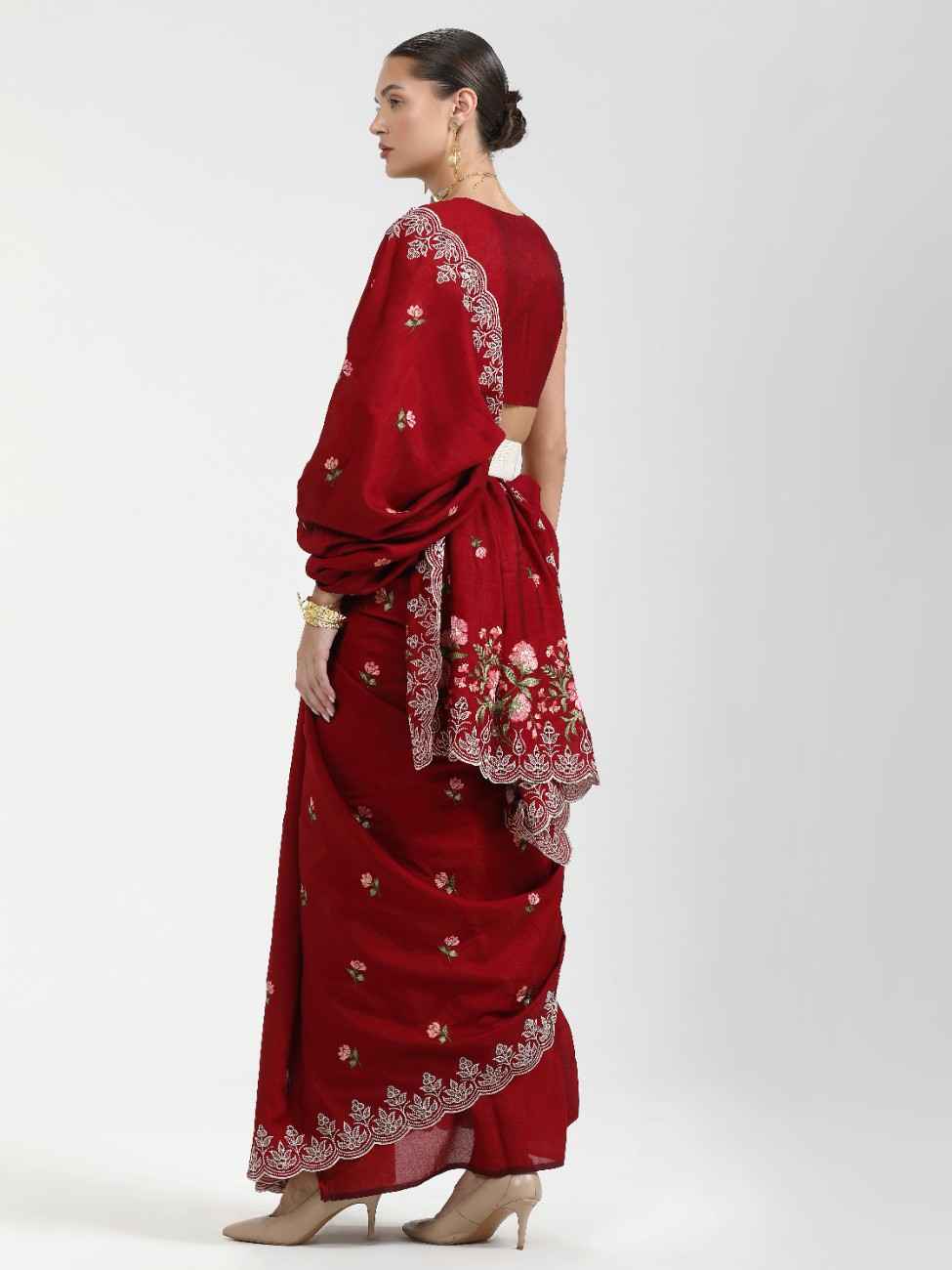 BLOOD RED TITANIUM ART SILK KANTHA EMBROIDERY SAREE