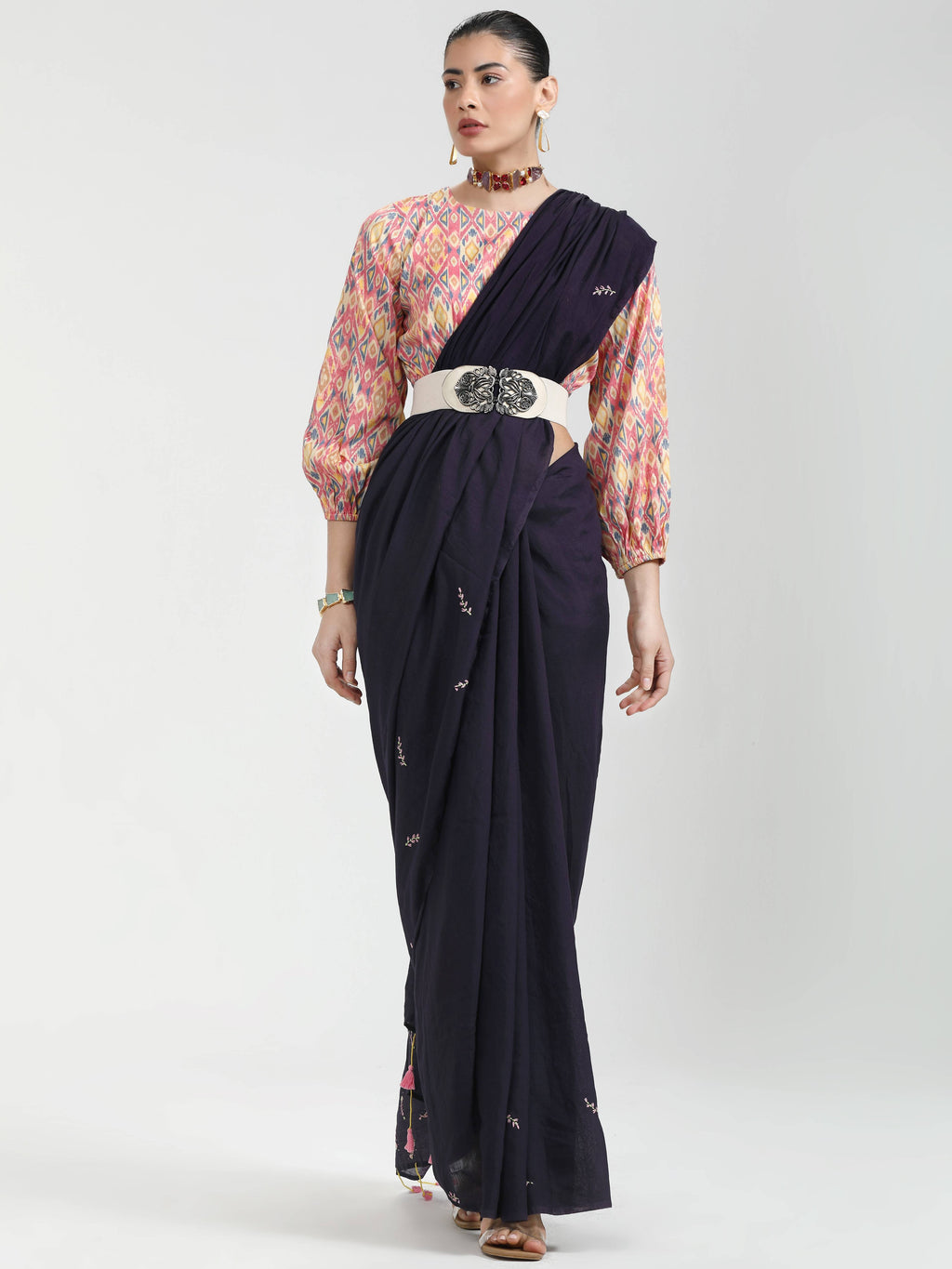 BLACK VISCOSE MUL LIVA THREAD WORK SAREES