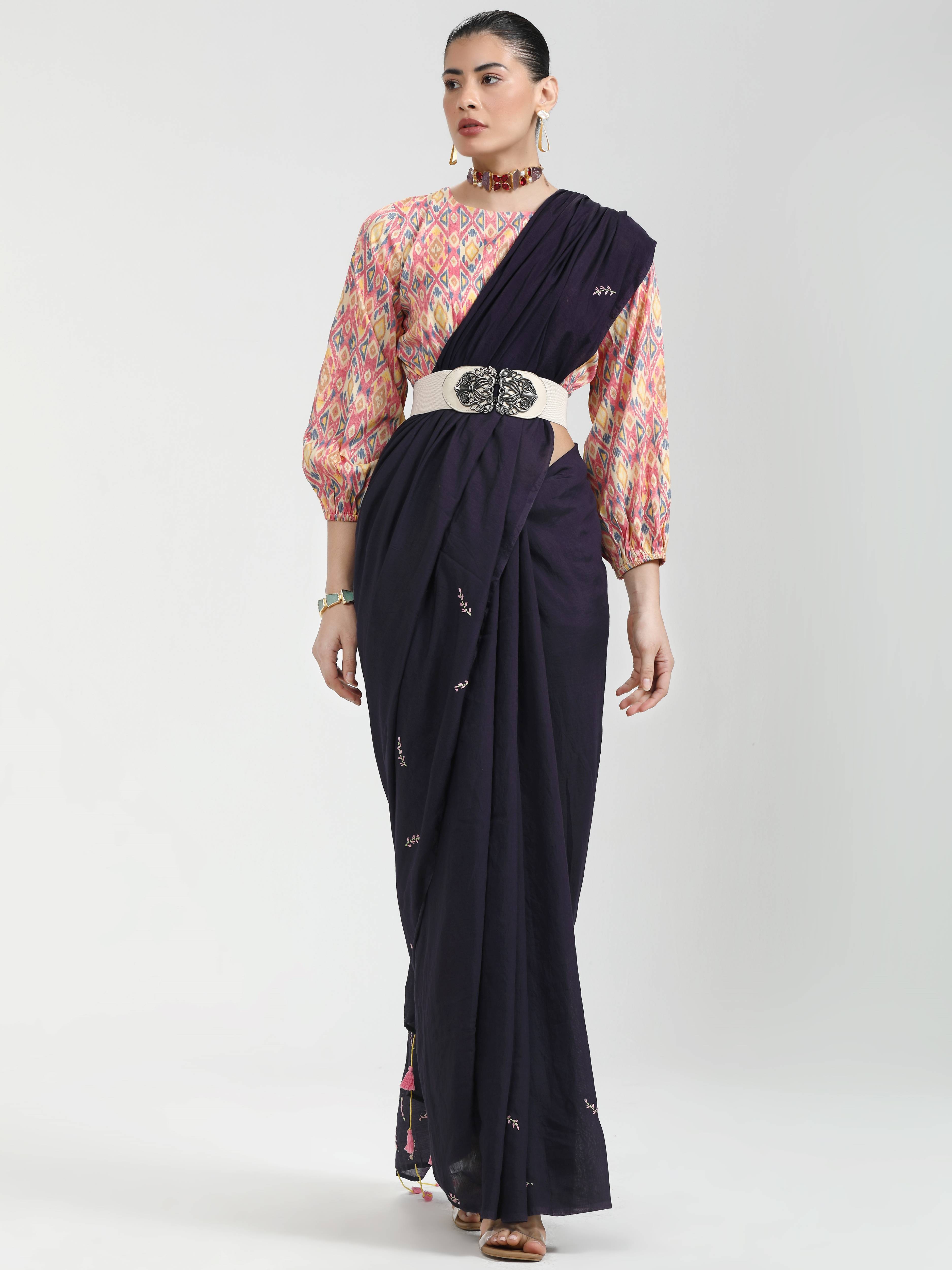 BLACK VISCOSE MUL LIVA THREAD WORK SAREES