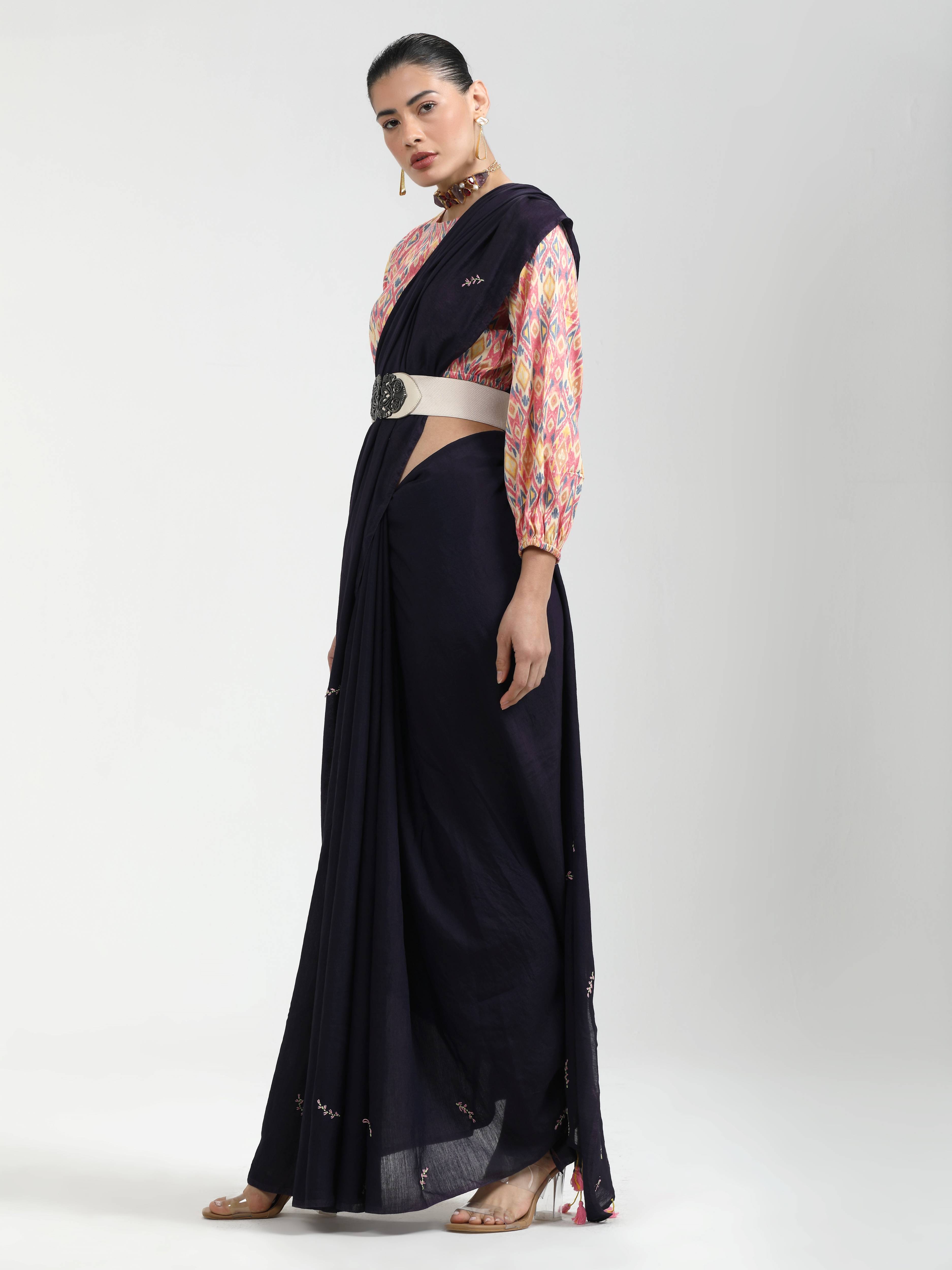 BLACK VISCOSE MUL LIVA THREAD WORK SAREES