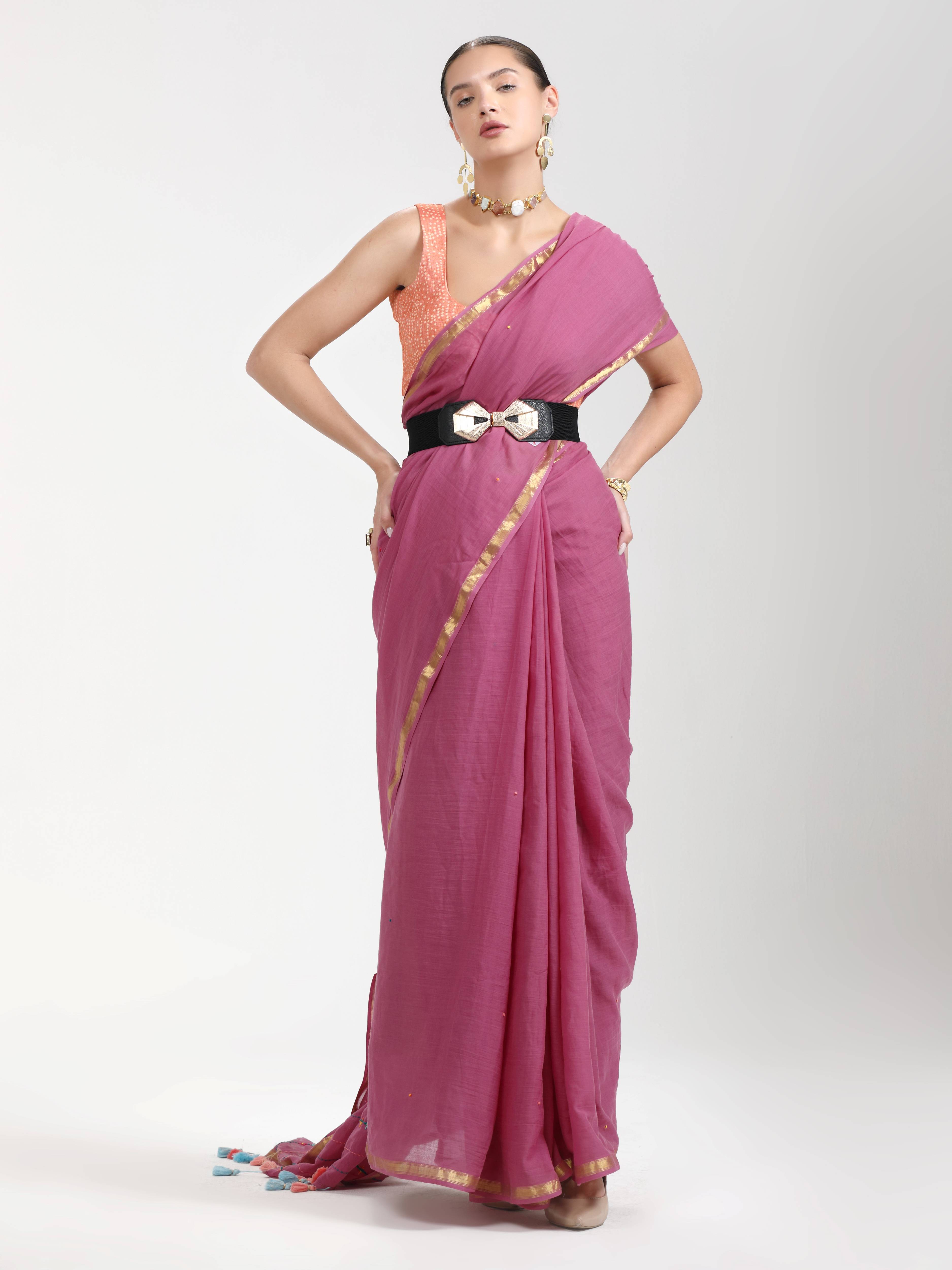 DARK PINK VISCOSE MUL LIVA THREAD WORK SAREES