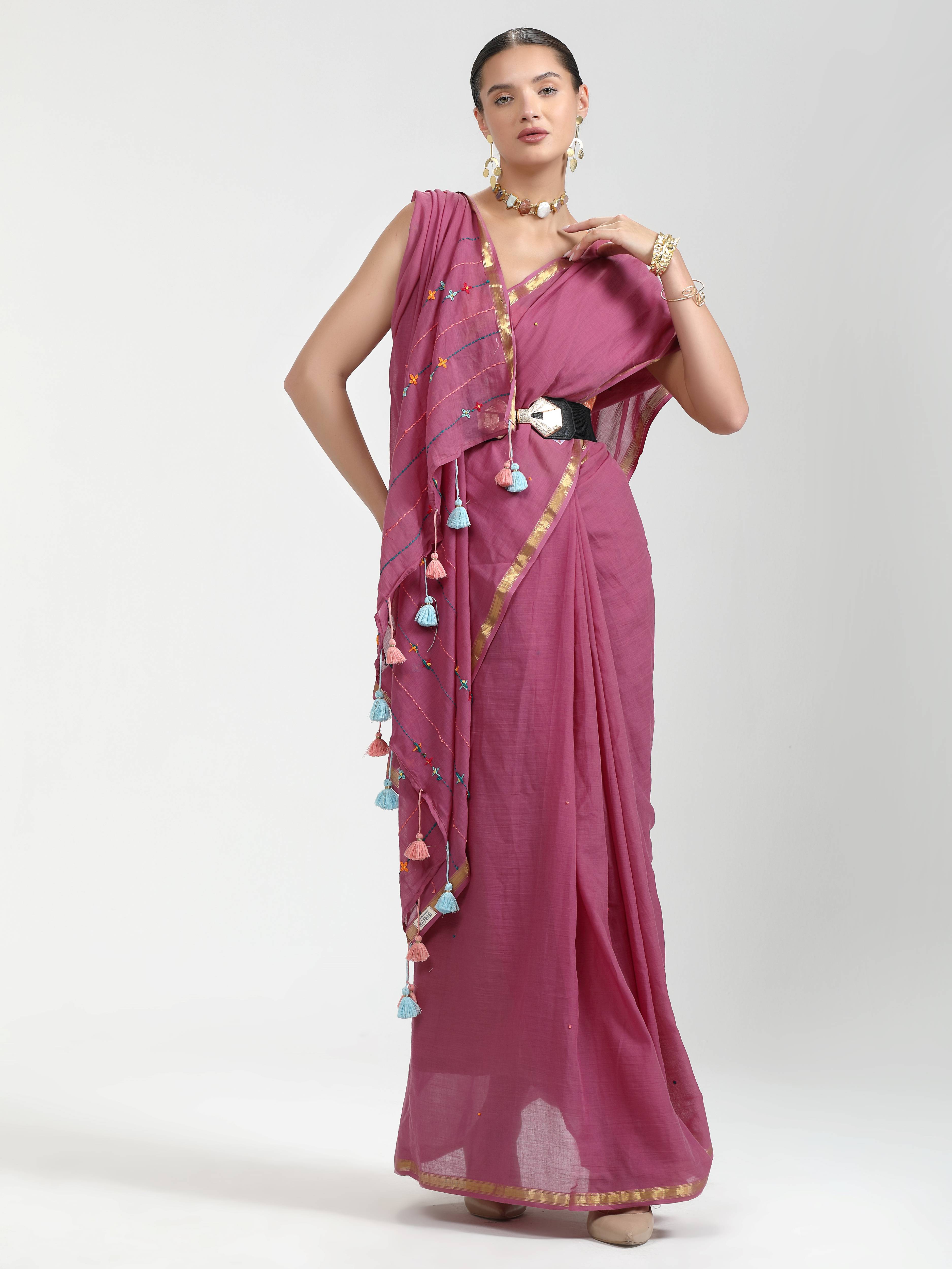 DARK PINK VISCOSE MUL LIVA THREAD WORK SAREES