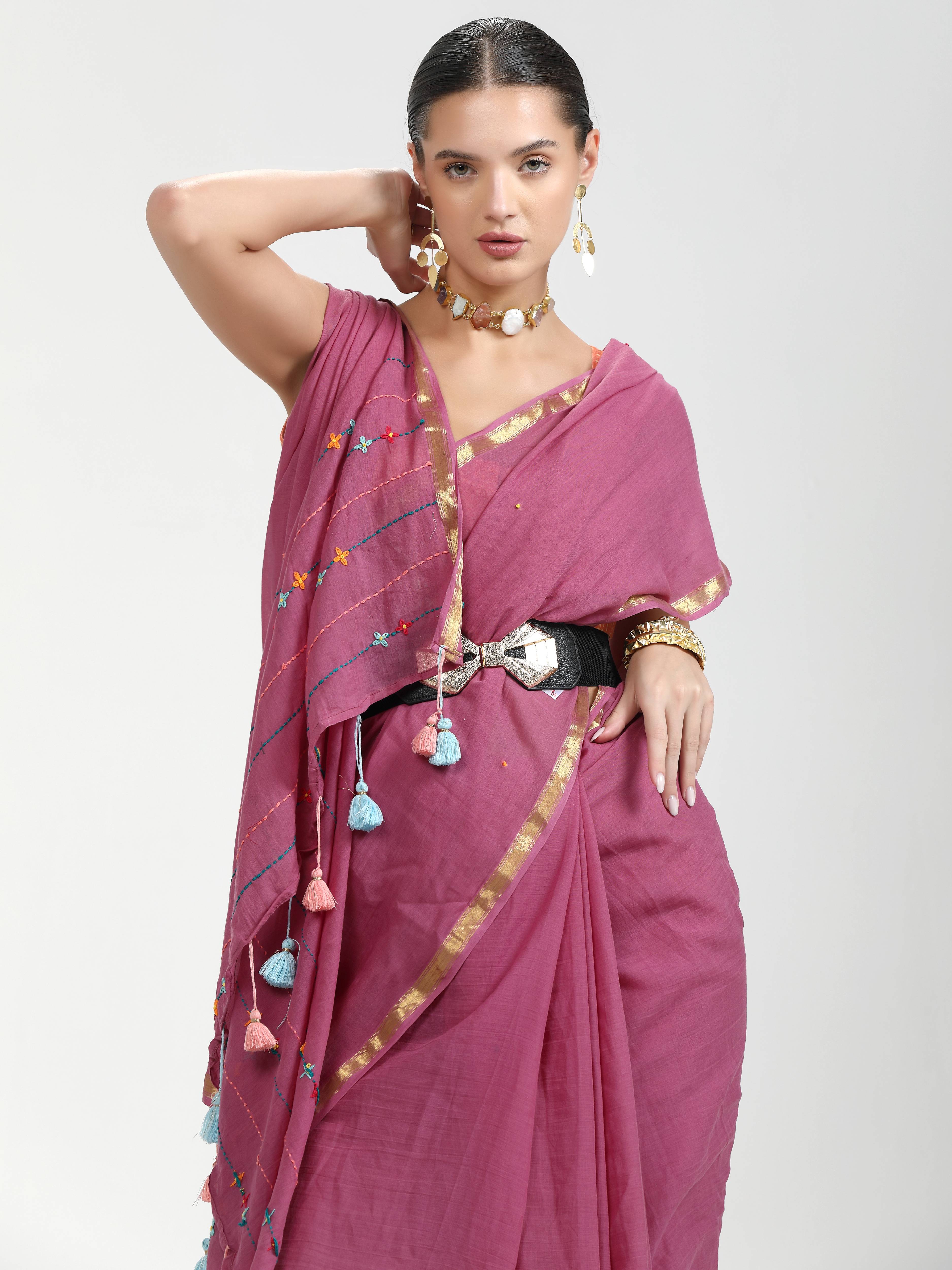 DARK PINK VISCOSE MUL LIVA THREAD WORK SAREES