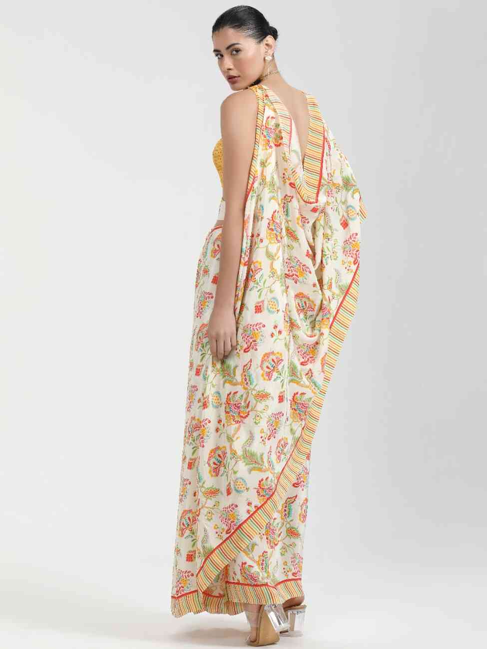 BEIGE & YELLOW NATURAL CREPE DIGITAL PRINTED SAREE