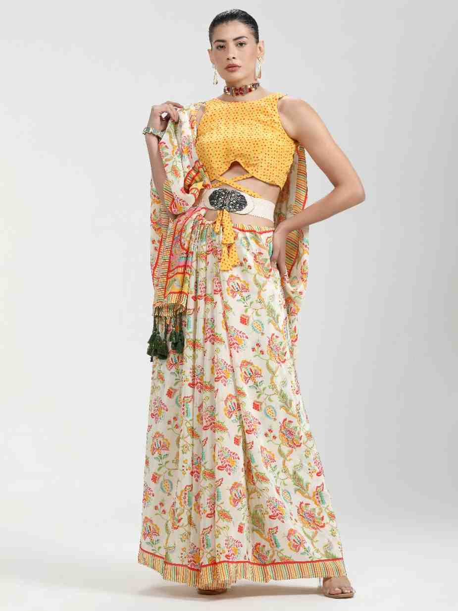 BEIGE & YELLOW NATURAL CREPE DIGITAL PRINTED SAREE