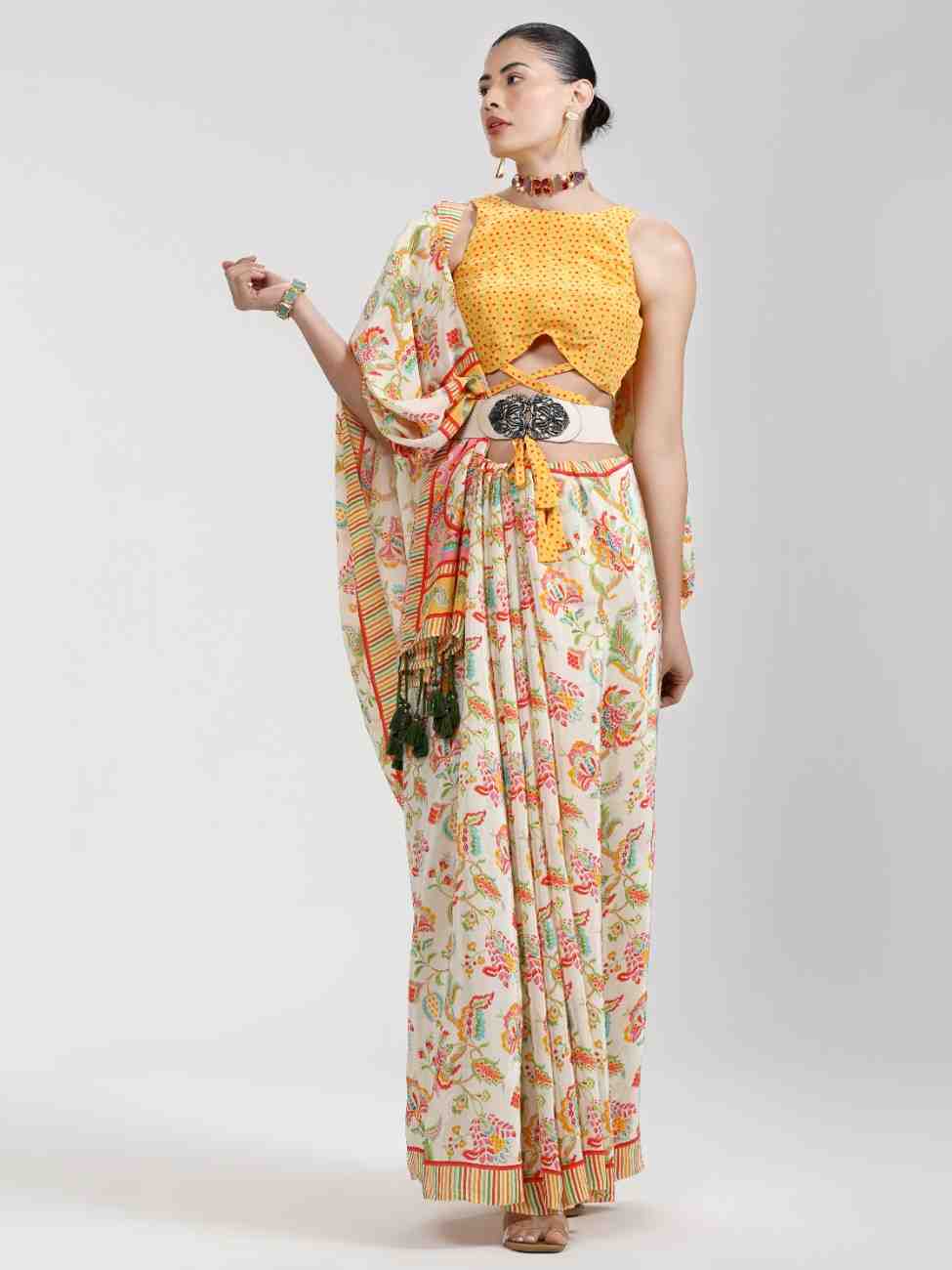 BEIGE & YELLOW NATURAL CREPE DIGITAL PRINTED SAREE
