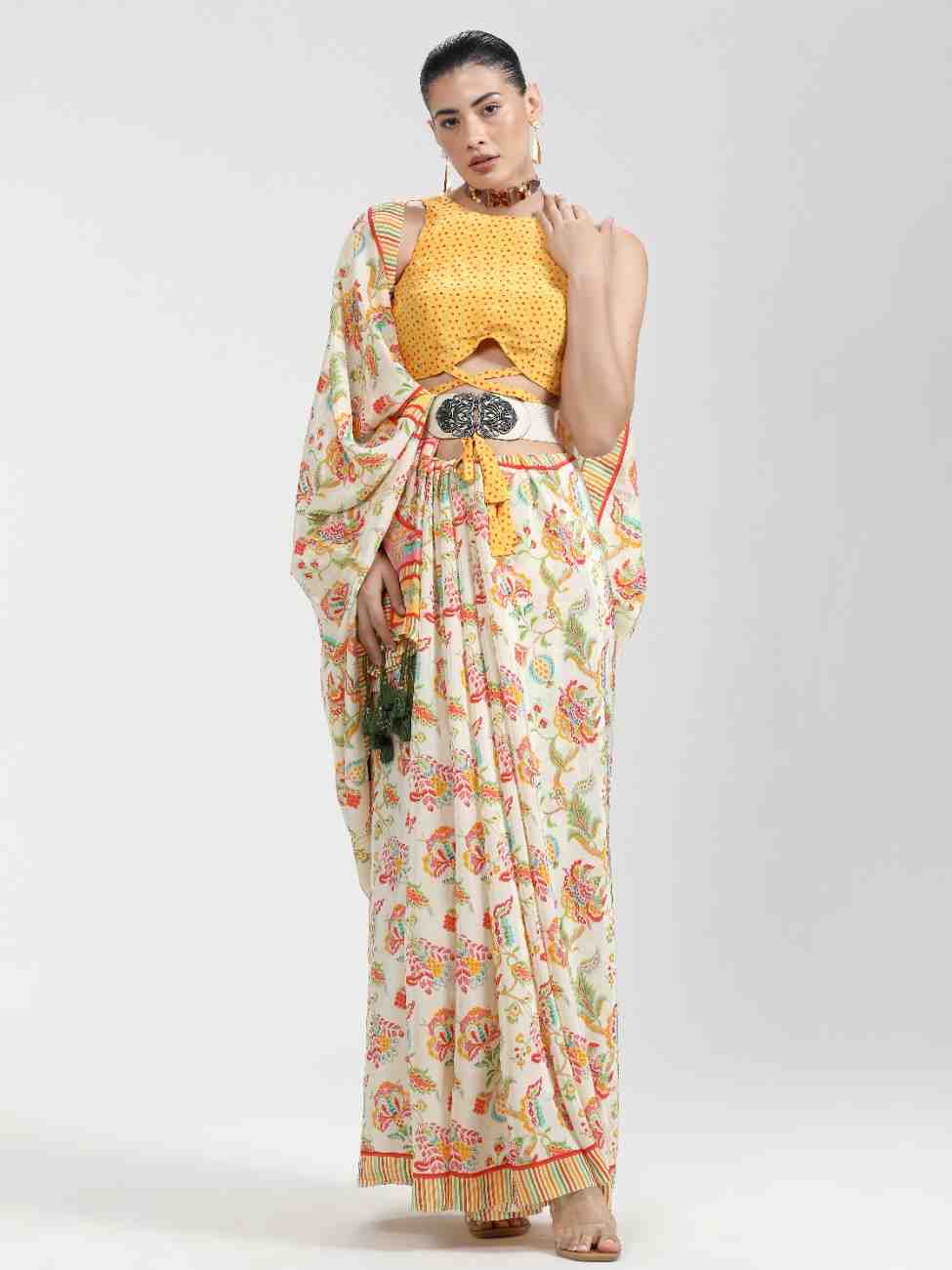 BEIGE & YELLOW NATURAL CREPE DIGITAL PRINTED SAREE