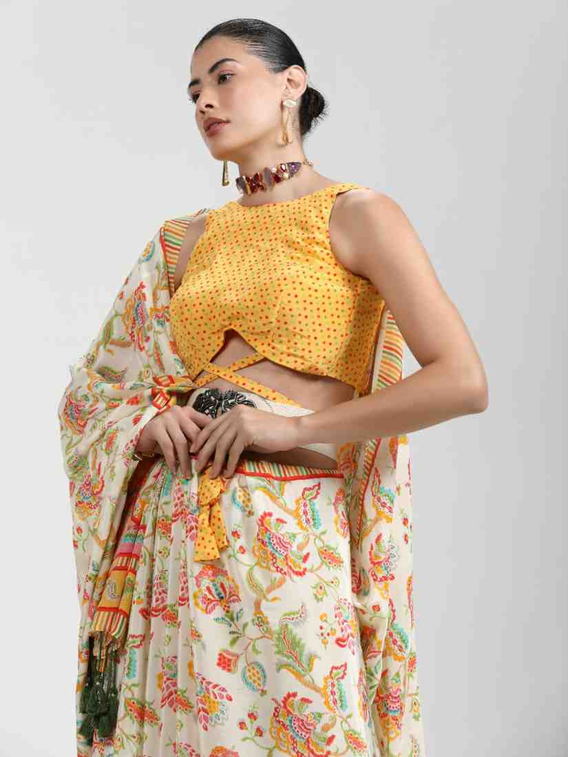 BEIGE & YELLOW NATURAL CREPE DIGITAL PRINTED SAREE