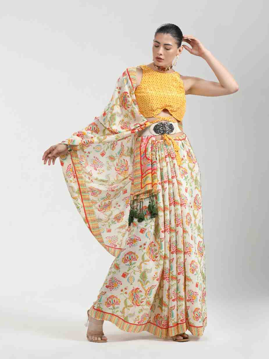 BEIGE & YELLOW NATURAL CREPE DIGITAL PRINTED SAREE