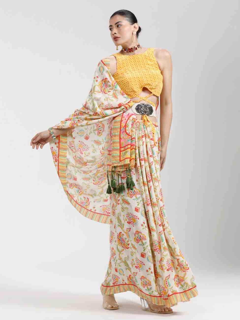 BEIGE & YELLOW NATURAL CREPE DIGITAL PRINTED SAREE